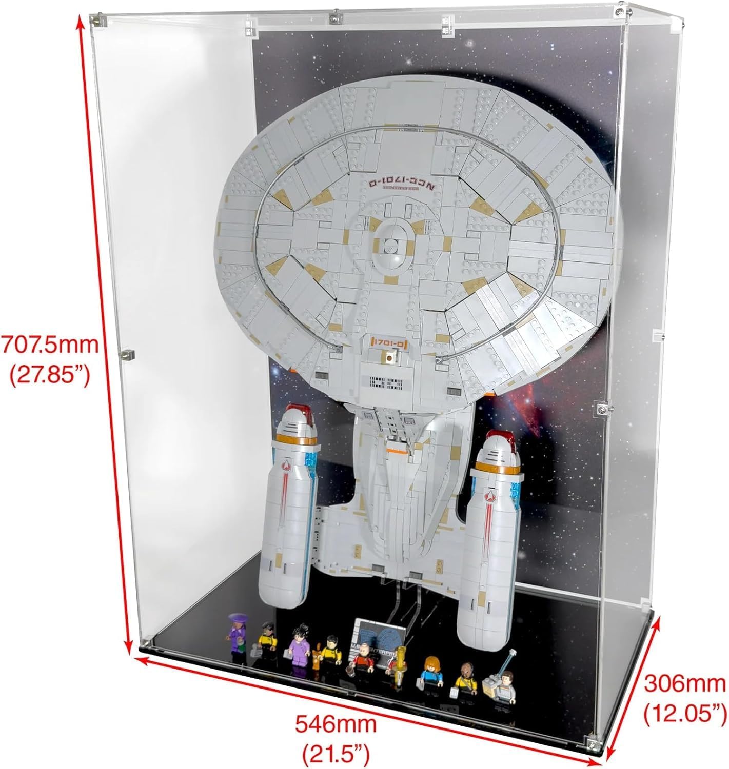 Display Case Compatible with Lego Set 10356 U.S.S. Enterprise NCC-1701-D - Set Not Included - Acrylic Showcase Display with Pre-Printed Background and Base (Vertical)