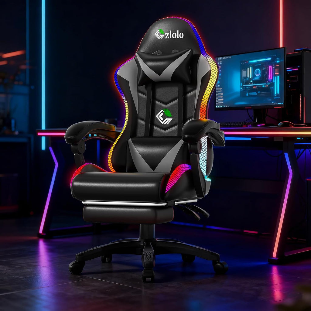 Czlolo Gaming Chair, Racing Style RGB LED Lights Gaming Chairs for Adults and Kids, Lumbar Massager Gamer Chair, High Back Reclining Computer Chair with Footrest and Headrest (Black/Gray)