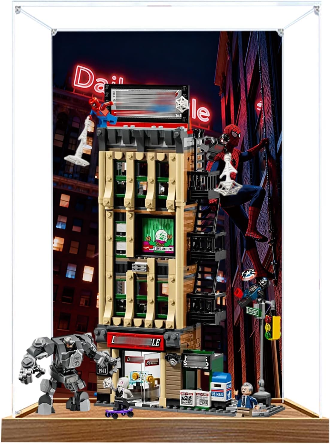 Acrylic Display Case for Lego 76342 The Daily Bugle Model, 3mm Dustproof Display Box, Display Case Compatible with Lego 76342(Model Not Included) (Background 3MM Wood Base C)