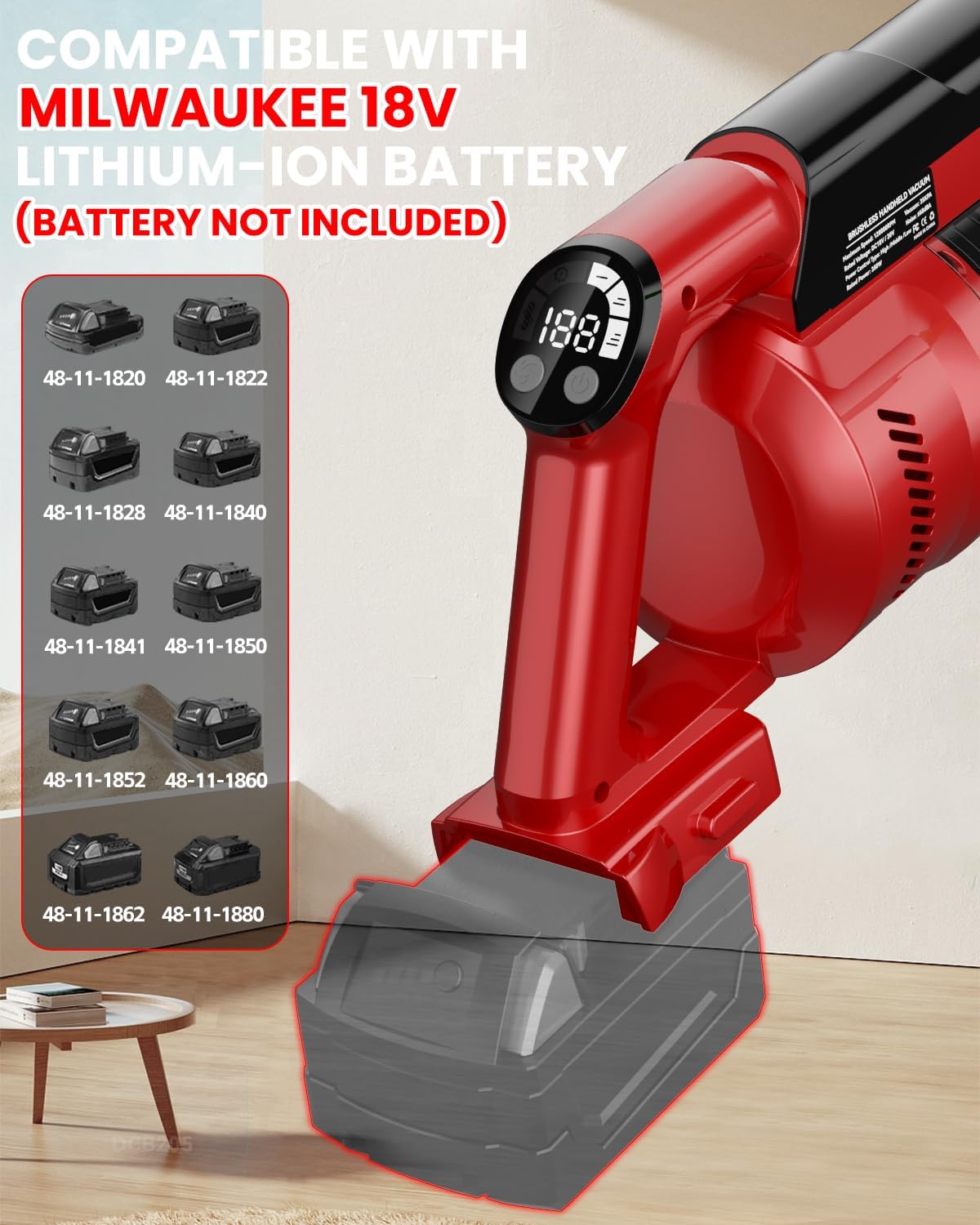 Cordless Vacuum Cleaner for Milwaukee Battery, 7-in-1 Lightweight Stick Vacuum with HEPA Filter, 35KPA Suction, 350W Brushless Motor, 3 Modes for Carpet, Floor, Car (Battery Not Included)