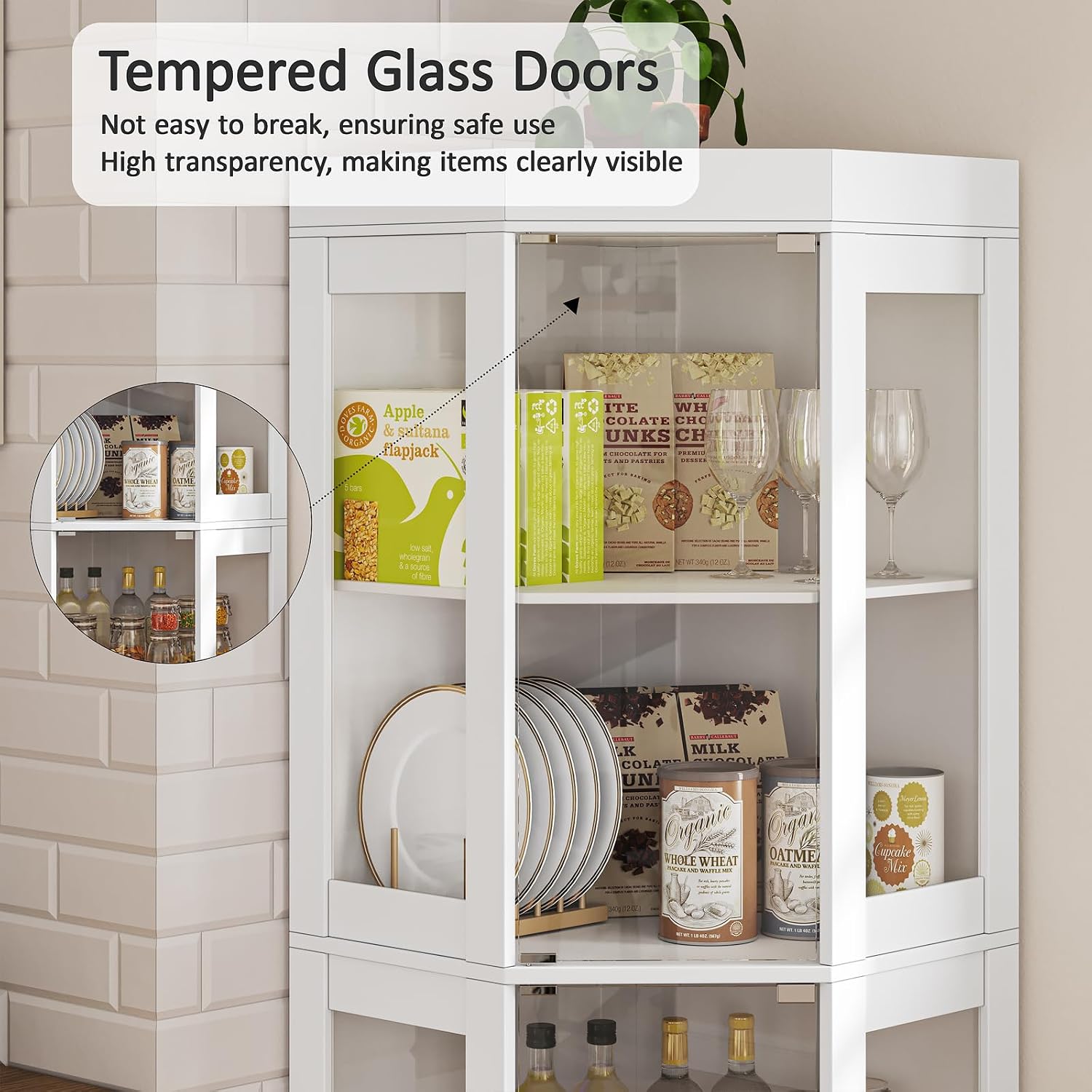 70''H Tall Corner Cabinet with Glass Doors,Farmhouse Storage Cabinet with 4 Shelves & Top Guard Rail,Home Pantry Hutch for Bar,Kitchen, Dining Living Room, Bathroom, White