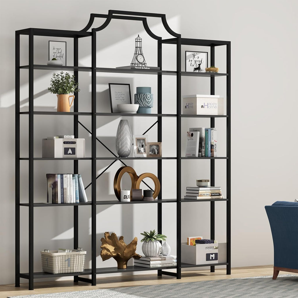 Auromie Triple Wide 5-Tier Bookshelf, 70.87' L x 79.13' H Extra Large Bookcase, Tall Open Etagere Display Shelf with Metal Frame, Freestanding Modern Storage Shelves for Home Office (Black)