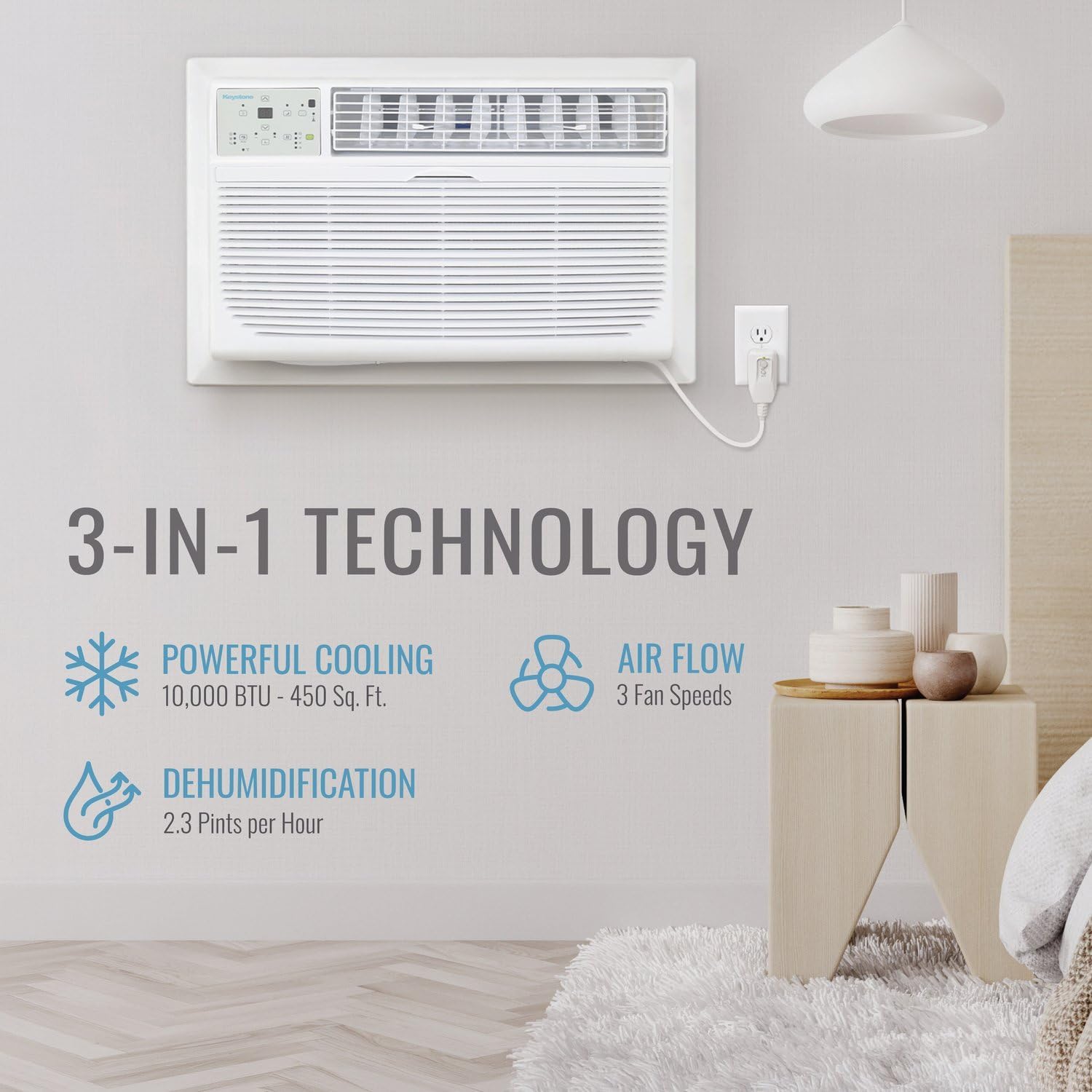 Keystone 10,000 BTU Through the Wall Air Conditioner and Dehumidifier, 115V, Through the Wall AC Unit for Bedroom, Bathroom, Nursery, Small-Medium Sized Rooms up to 450 Sq.Ft., Quiet, High Efficiency