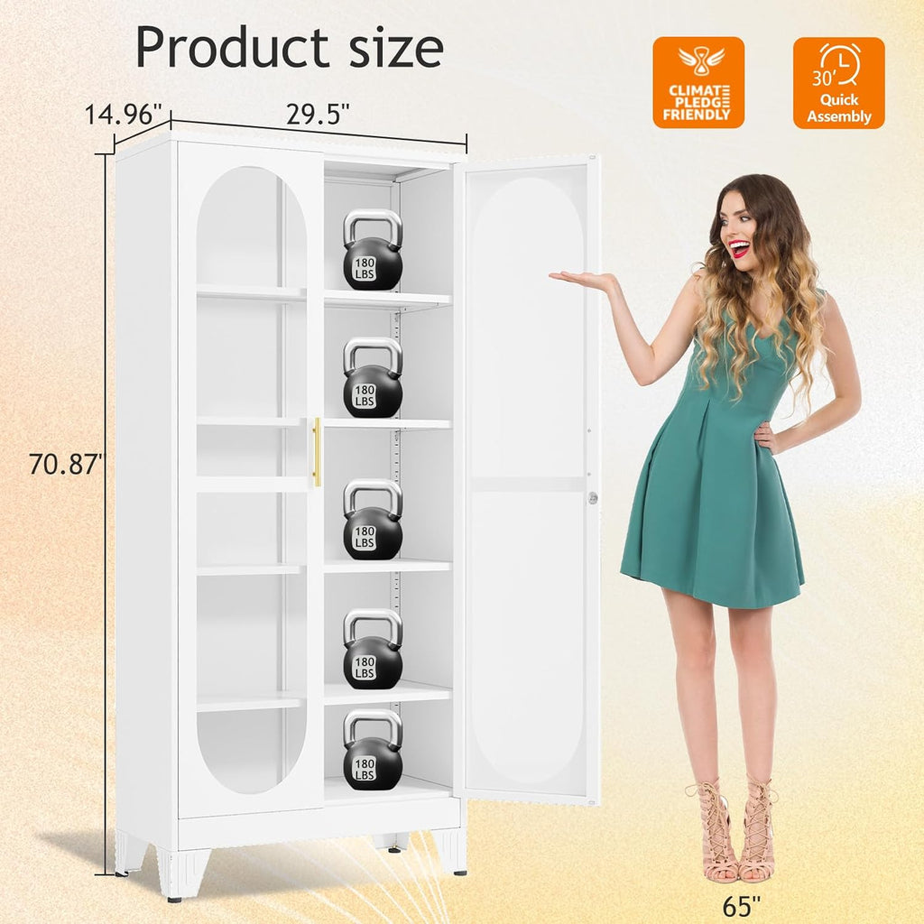 GAIOUS 71' Tall Curio Cabinet with Glass Door, 5 Tier Metal Display Cabinet with 4 Adjustable Shelves, Locking Glass Display Case for Collectibles, Showcase Storage Cabinets for Showroom Clinic, White