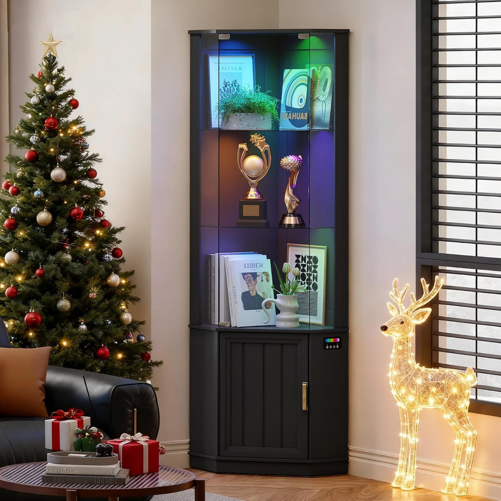 HNEBC 69' Tall Curio Display Cabinet with Glass Door and Movable Shelves,Corner Bookcase with LED Human Sensor Lights,5-Tier RGB Display Case for Collectibles,Bedroom Living Room