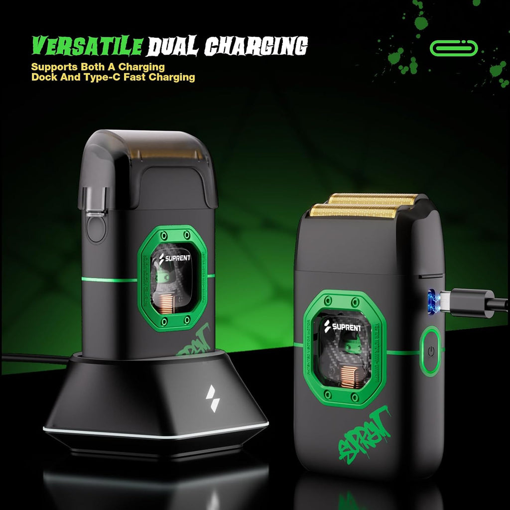 SUPRENT Fangs Professional Foil Shaver, 13000RPM Vector Motor Electric Razor for Head, Beard, & Neck, Portable Close Face Shaver with Type-C Rechargeable