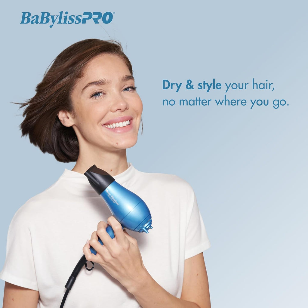 BaBylissPRO Nano Titanium Travel Hair Dryer, 1000 Watt Professional Blow Dryer with Concentrator Nozzle, Foldable Handle, Dual Voltage