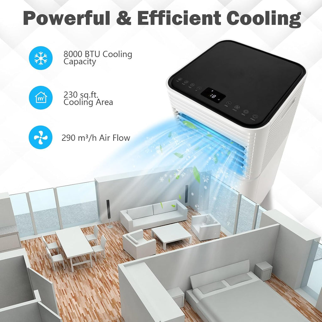 ARLIME Portable Air Conditioners, 8000 BTU Air Unit Cools up to 230 sq. ft. Freestanding Air Cooler w/Fan & Dehumidifier, Remote Control, Window Mount Kits for Home Office, White+Black