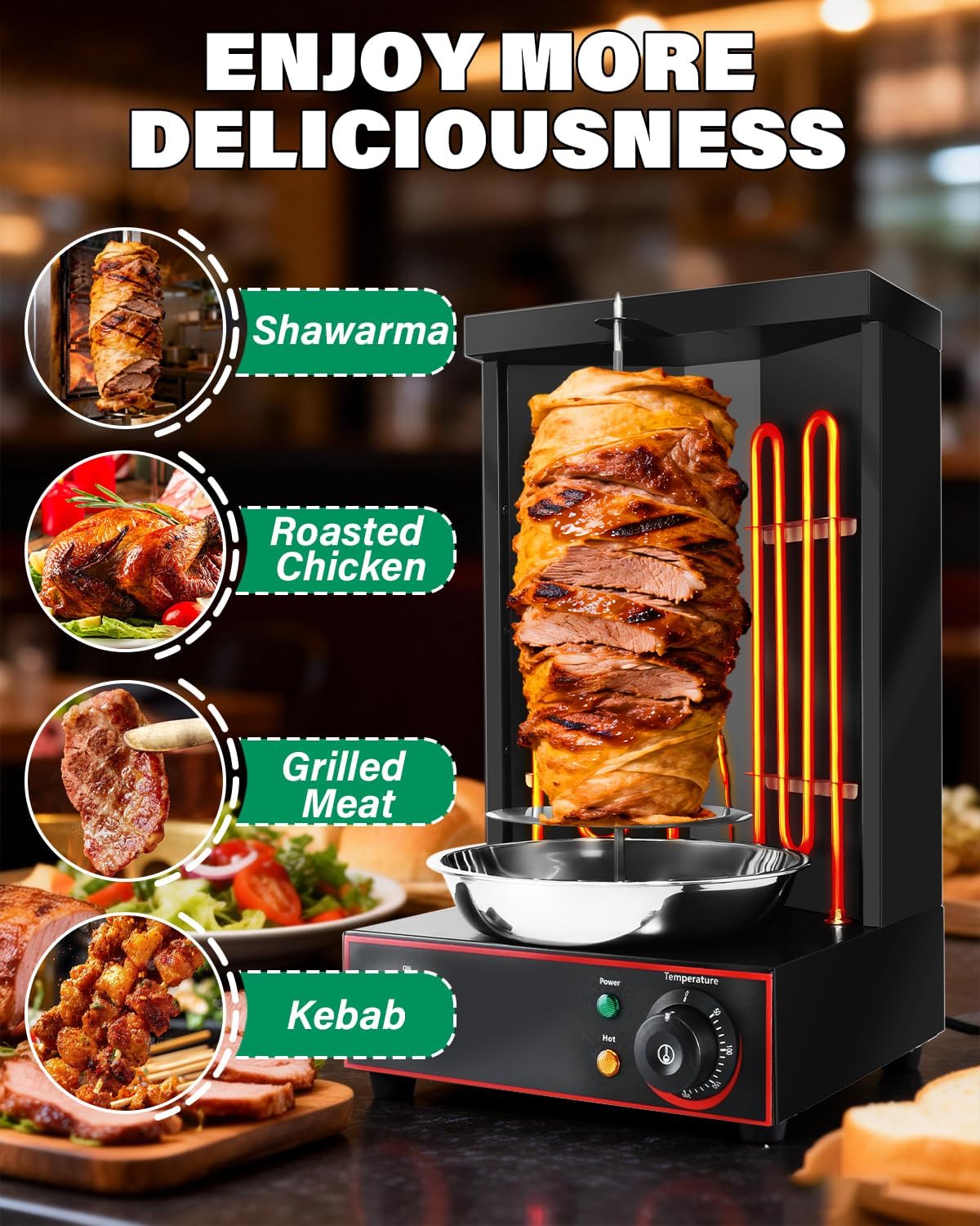 Electric Shawarma Grill Machine Countertop Rotisserie Turkey Maker Vertical Barbecue Oven with Temperature Control for Commercial/Household 122℉-572℉ 110V Black