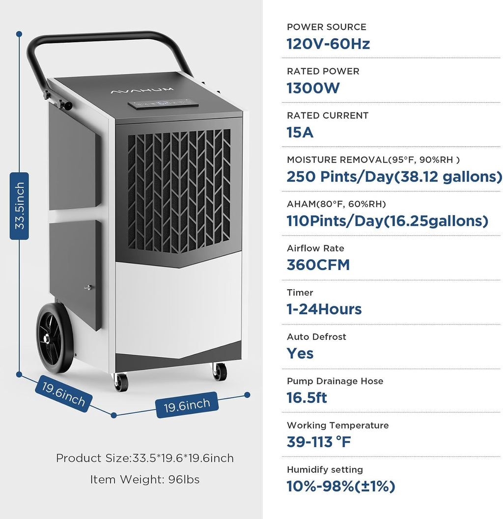 Commercial Dehumidifier with Built-in Pump 250 Pint Industrial Dehumidifier for Basement & Warehouse, 7500 Sq.Ft Large Dehumidifier with Drain Hose, Auto Defrost, 24H Timer, Auto Restart