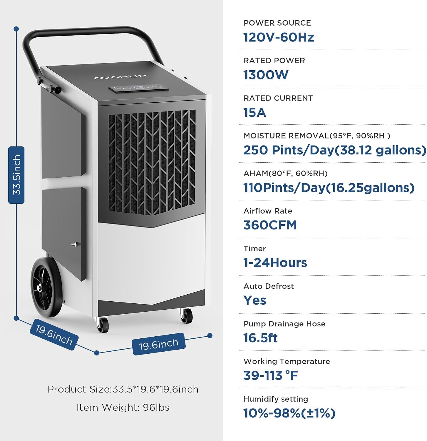 Commercial Dehumidifier with Built-in Pump 250 Pint Industrial Dehumidifier for Basement & Warehouse, 7500 Sq.Ft Large Dehumidifier with Drain Hose, Auto Defrost, 24H Timer, Auto Restart