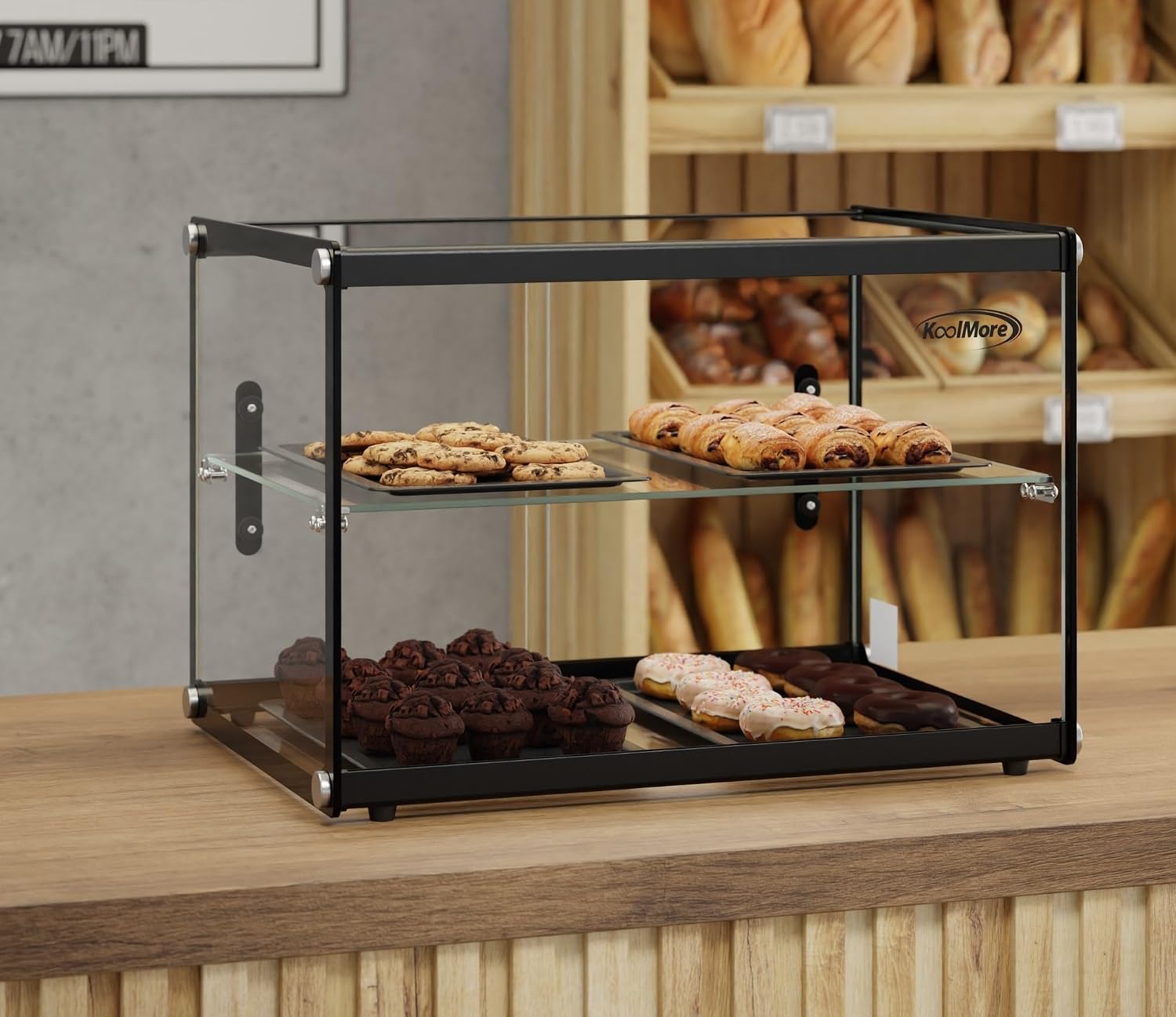 KoolMore 22 in. Tiered Pastry Bakery Display Case with Glass Shelf and Sliding Door, 2.2 cu. ft. Capacity, ETL Listed (KM-DC-2CSBK)