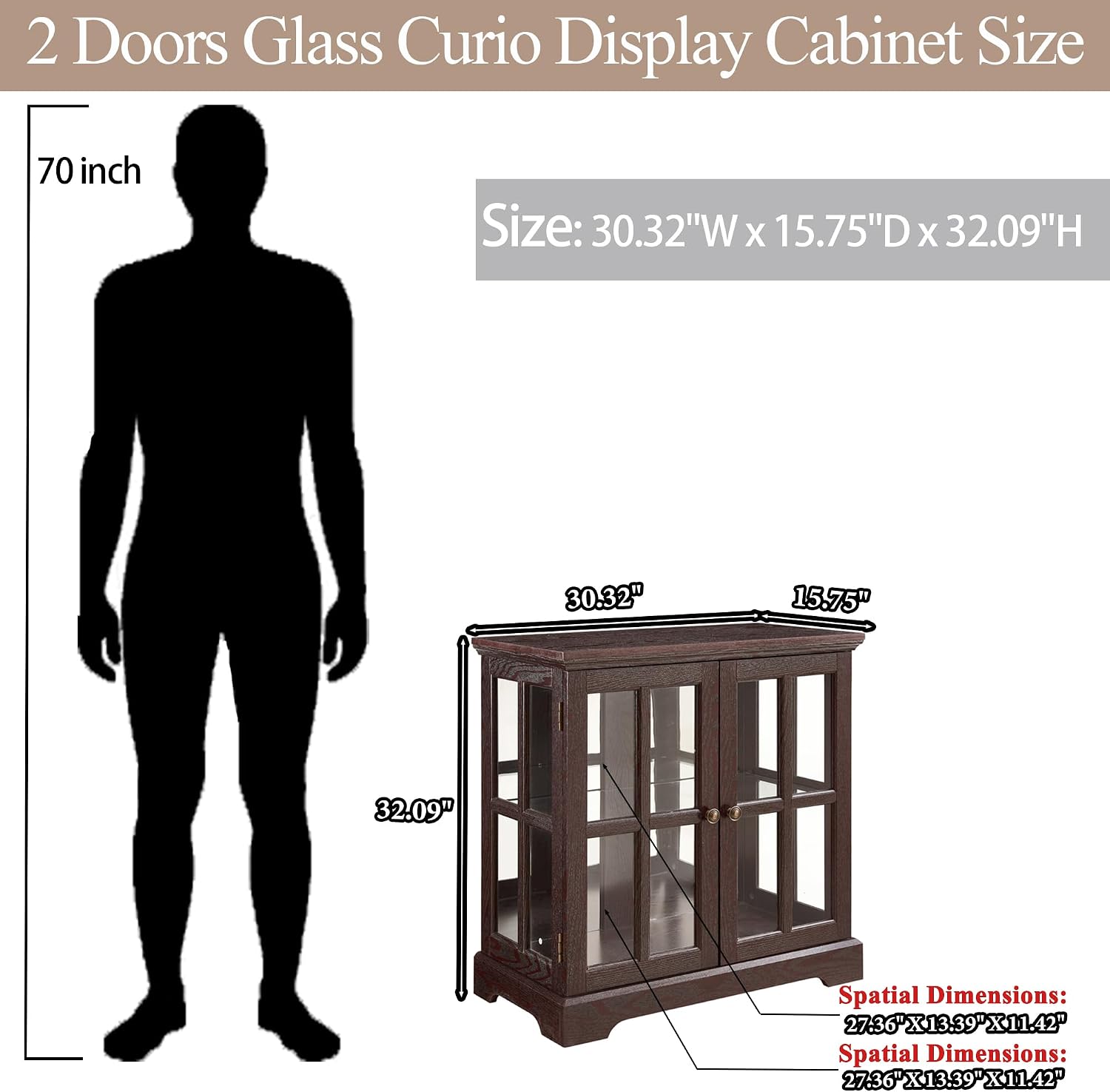 30' Glass Curio Display Storage Cabinet with LED Light, Modern 2 Lattice Doors Tableware Display Sideboard w/Adjustable Shelves, Retro Design Quality Showcase Bookcase for Home (Cherry)