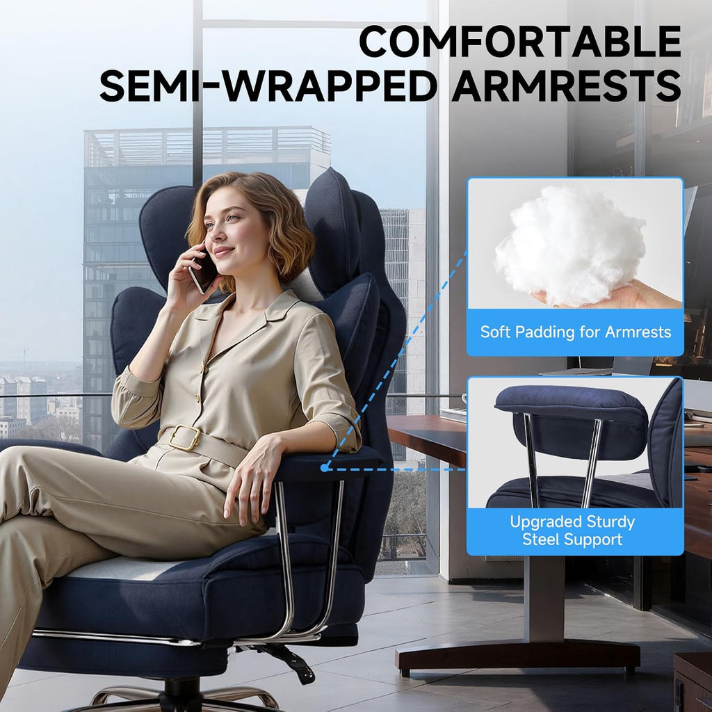 GTPLAYER Gaming Chair,Office Chair with Pocket Spring Lumbar Support, Ergonomic Comfortable Wide Office Desk Computer Chair with Outward Fixed Soft Armrests and Footrest (Fabric, Dark Blue & White)