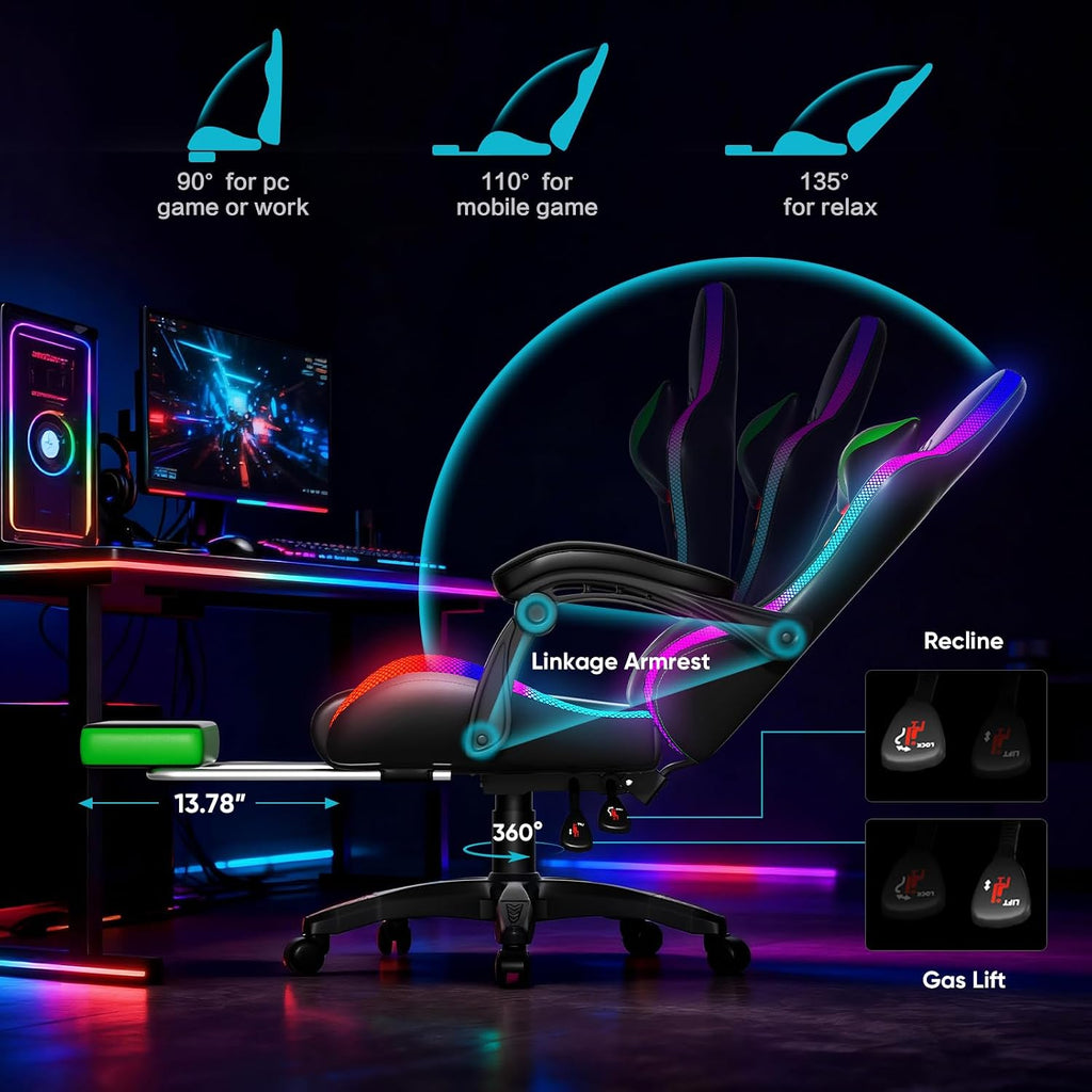 Czlolo Gaming Chair, Racing Style RGB LED Lights Gaming Chairs for Adults and Kids, Lumbar Massager Gamer Chair, High Back Reclining Computer Chair with Footrest and Headrest (Black/Green)