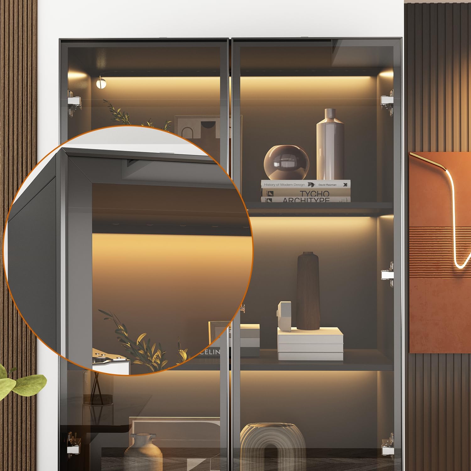 FUFU&GAGA Display Cabinet with Glass Doors and LED Lights, 63' Tall Bookshelf Glass Storage Cabinet with 4-Tier Shelves, Modern Bookcase for Living Room Office, Black, 31.5'W x 15.7'D x 63'H