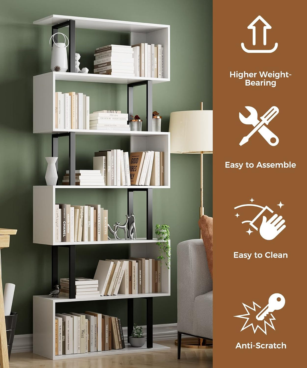 Gadroad 6 Tier Geometric Bookcase,S Shaped Bookshelf, Wood Decorative Storage Shelving, Modern Freestanding Display Shelves, Tall Book Shelf Unit for Living Room Bedroom, White