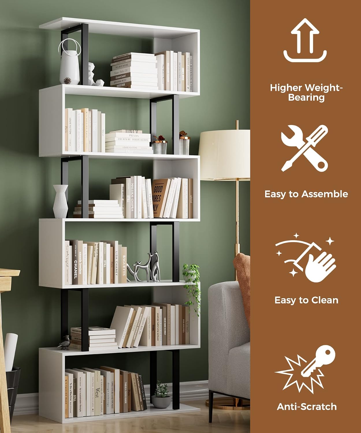 Gadroad 6 Tier Geometric Bookcase,S Shaped Bookshelf, Wood Decorative Storage Shelving, Modern Freestanding Display Shelves, Tall Book Shelf Unit for Living Room Bedroom, White