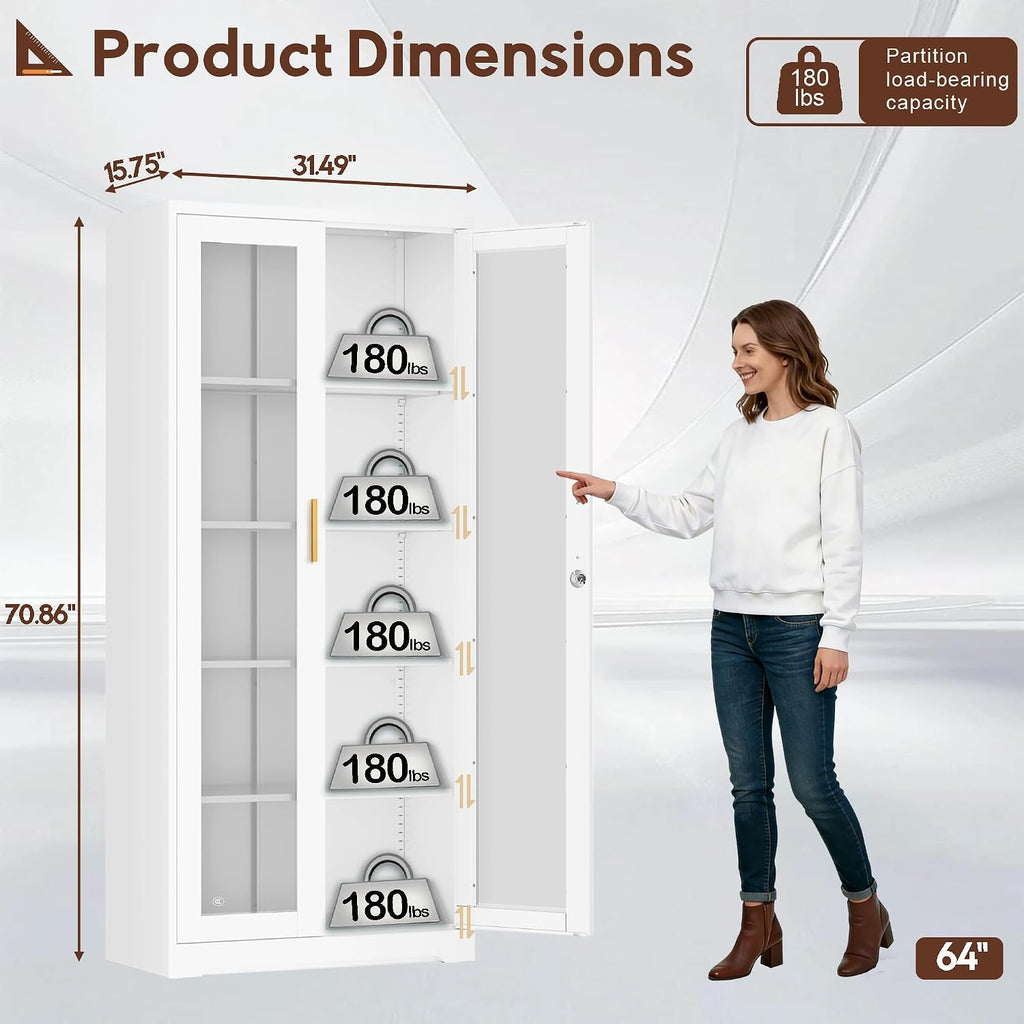 UNICOLY Lockable Display Cabinet with Glass Doors, Curio Cabinets with 4 Adjustable Shelves, Liquor Bookcase Bookshelf with Doors, Metal Storage Cabinet for Living Room Pantry, White