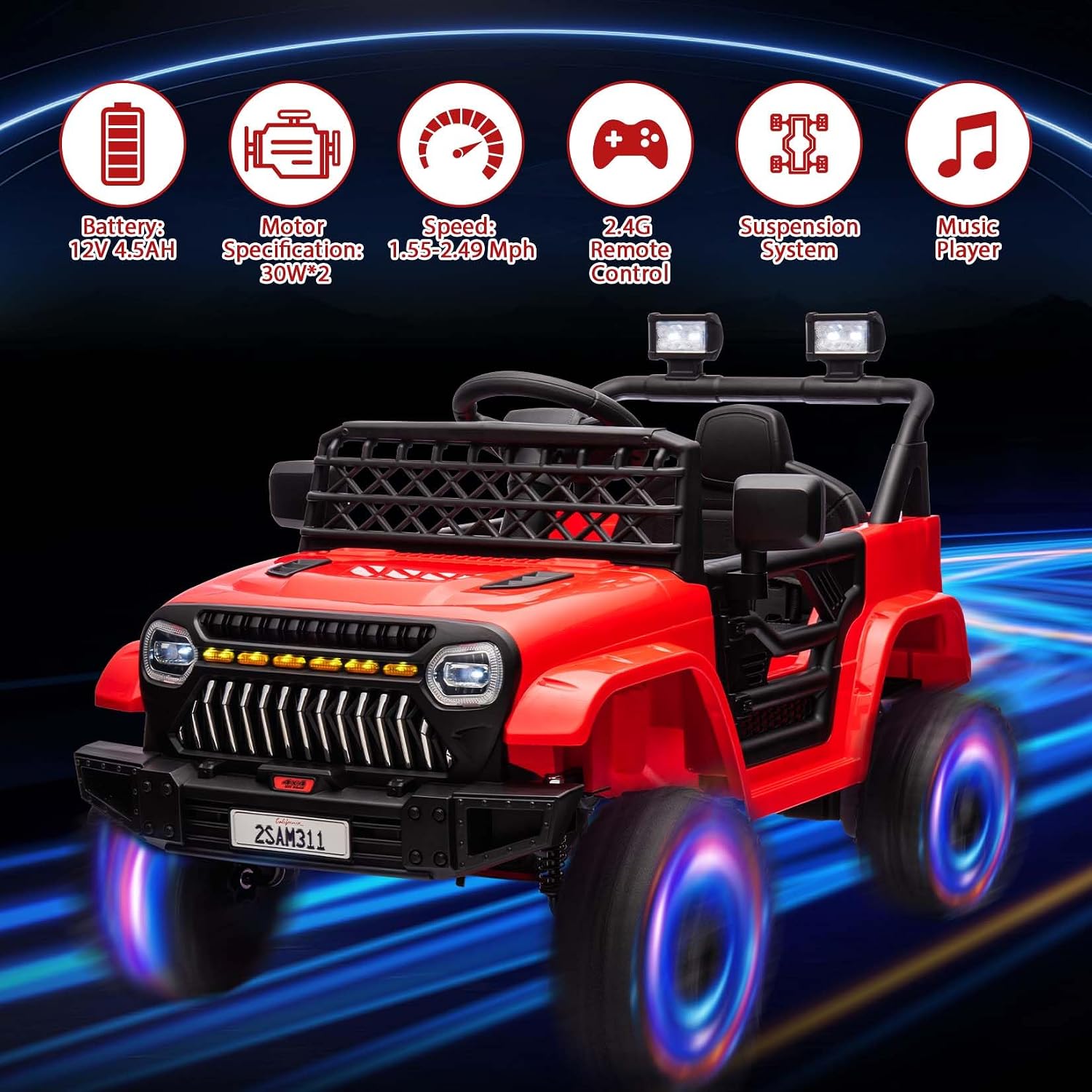 12V Ride On Car for Kids Electric Vehicle Toddlers Battery Powered Truck Car Toy with Remote Control, 4-Wheel Suspension, Battery Display, LED Lights, Music, for Boys Girls, Red