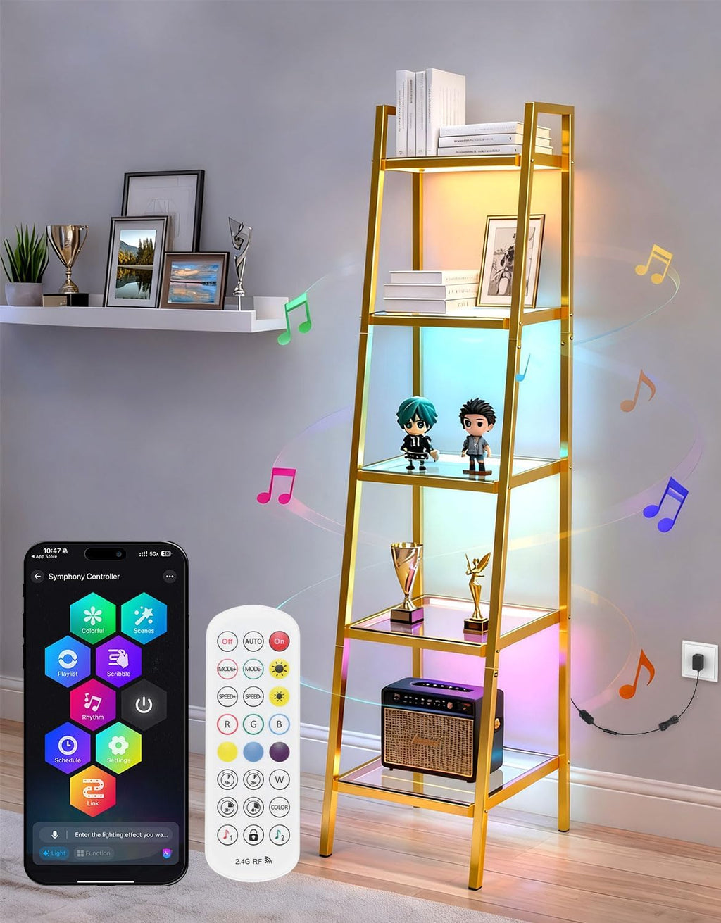 5-Tier Glass Display Shelf with RGB Light, 67' Ladder Bookshelf, Music Sync & 3 CCT, Dimmable App/Remote, Modern Freestanding Corner Storage Rack, Metal Organizer for Living Room Home Office, Gold