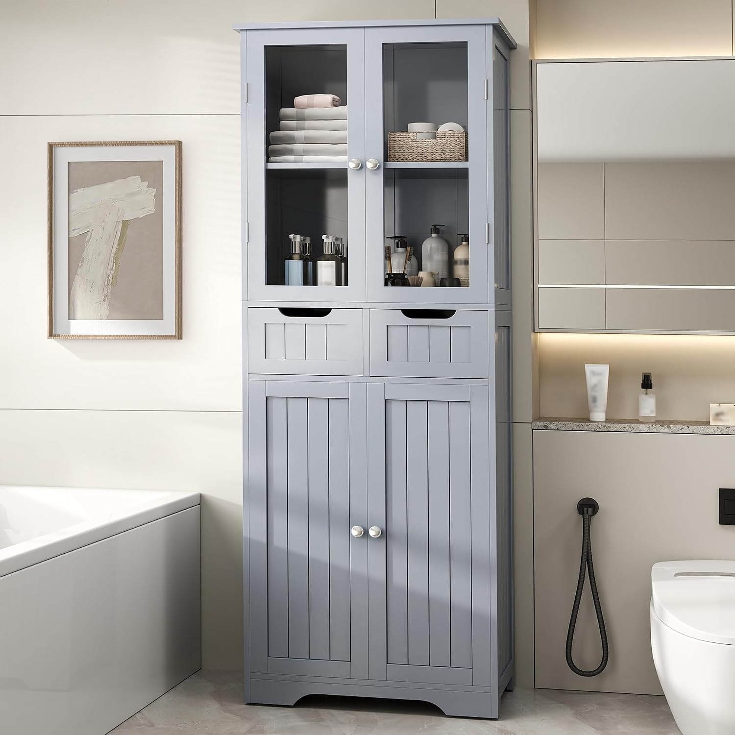 Betterhood 67' Tall Bathroom Storage Cabinet, Freestanding Cabinet with Glass Doors and Shelves, Large Bathroom Pantry with 2 Drawers for Living Room, Kitchen, Dining Room, Office, Gray