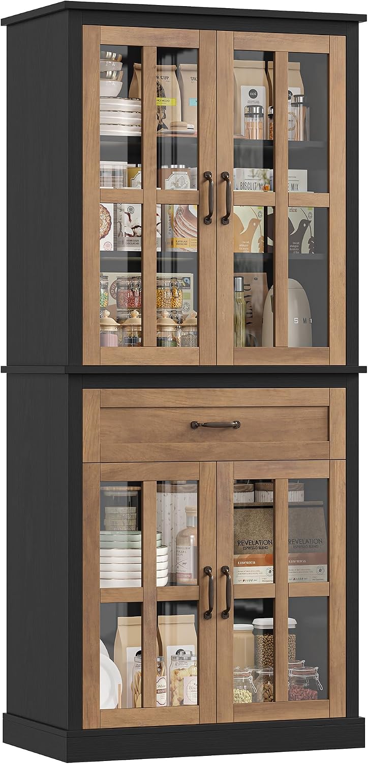 FOTOSOK 71'' Tall Kitchen Cabinet with Glass Doors and Drawer, Freestanding Food Pantry with Adjustable Shelves for Dining, Living Room, Natural