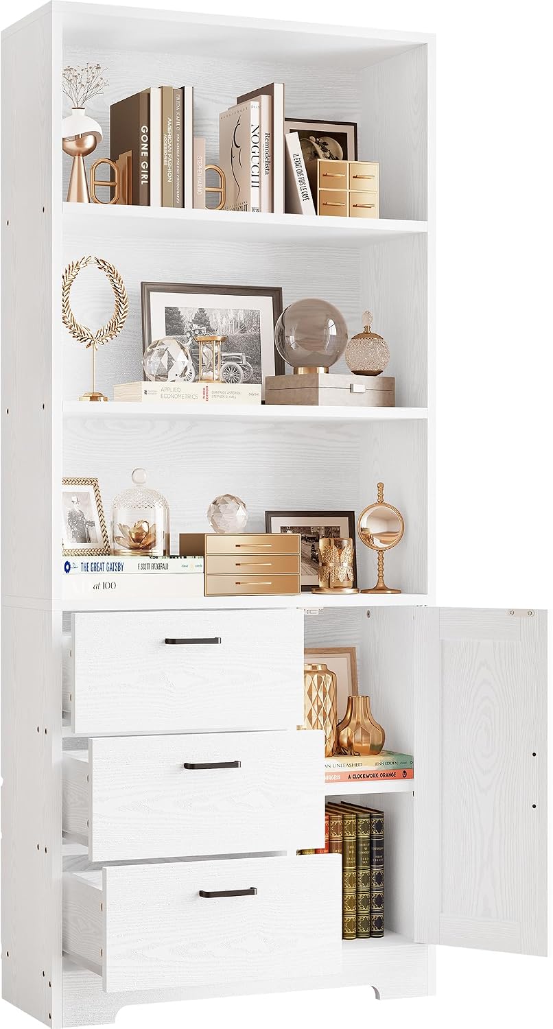 IRONCK Bookshelf with Drawers, 71 in Tall Bookcase with Doors and 3-Tier Shelves, for Bedroom Living Room Entrance Hallway Home Office