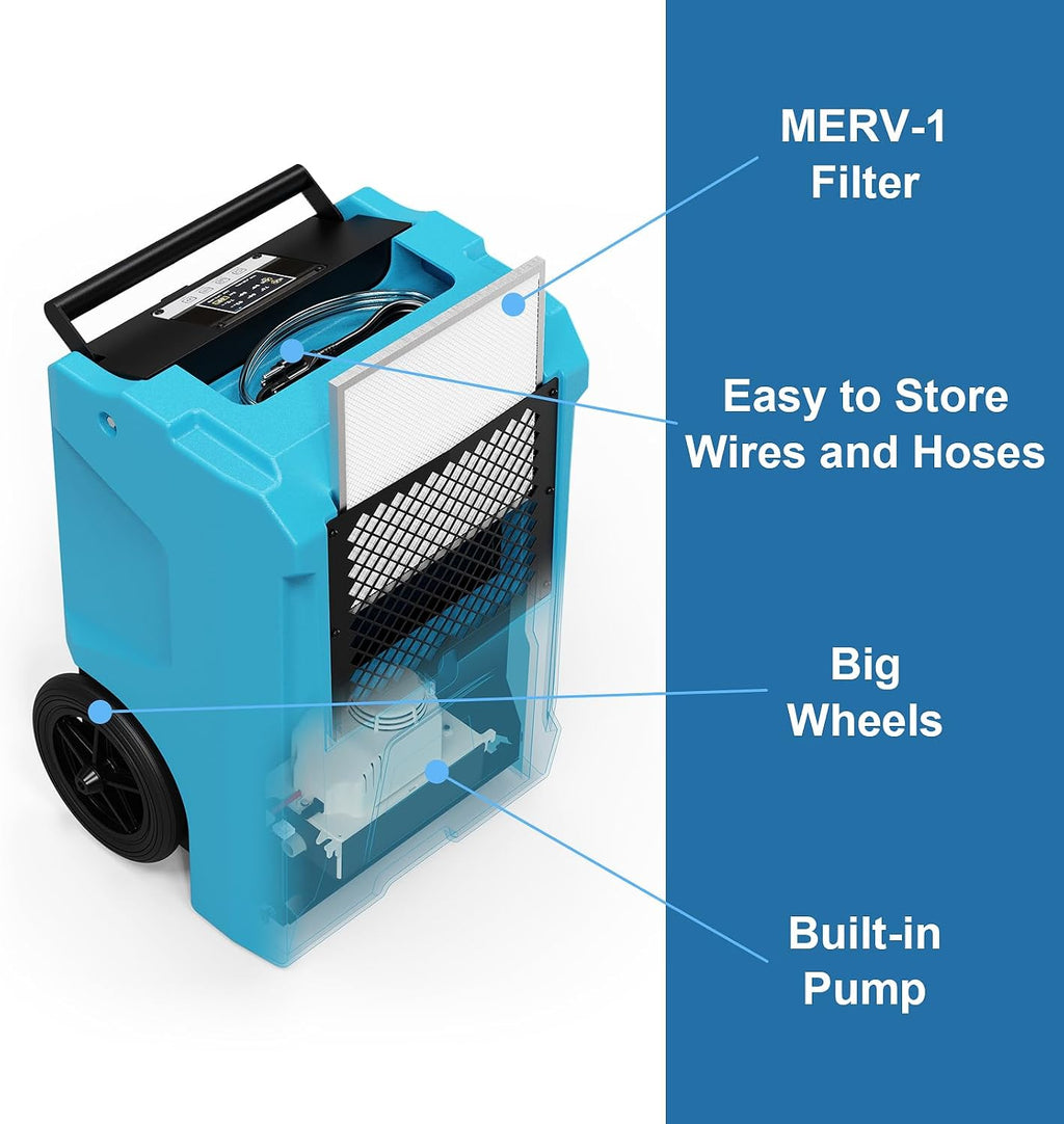 ALORAIR 110 Pints Dehumidifier Commercial Grade Built-in Pump, Includes Drain Hose, Ideal for Large Basements, Industrial or Commercial Spaces and Job Sites, 5 Years Warranty (DP50 Blue)