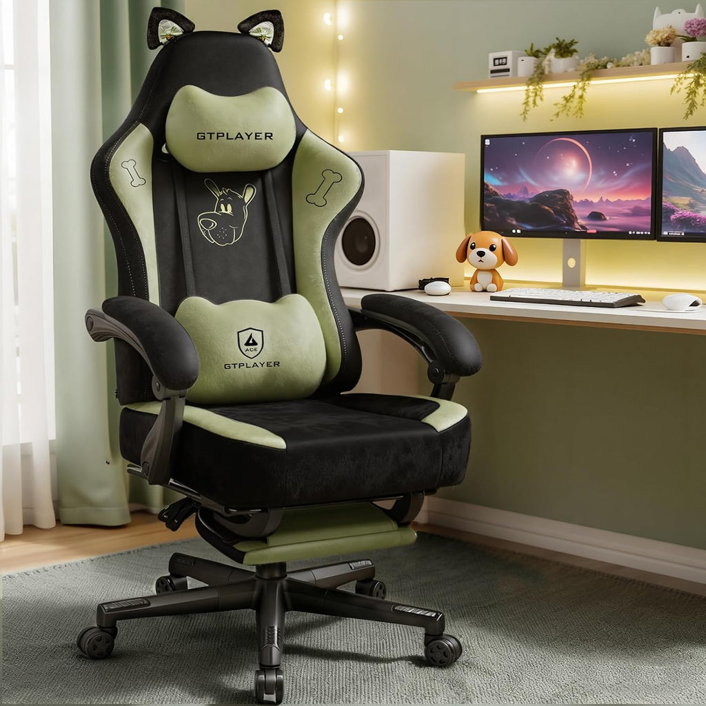 GTPLAYER Gaming Chair Cute with Cat Ears Ergonomic Computer Chair with Dog Embroidery Adjustable Memory Foam Lumbar Support and Headrest Comfortable Reclining Office Chair Soft Velvet Fabric for Women