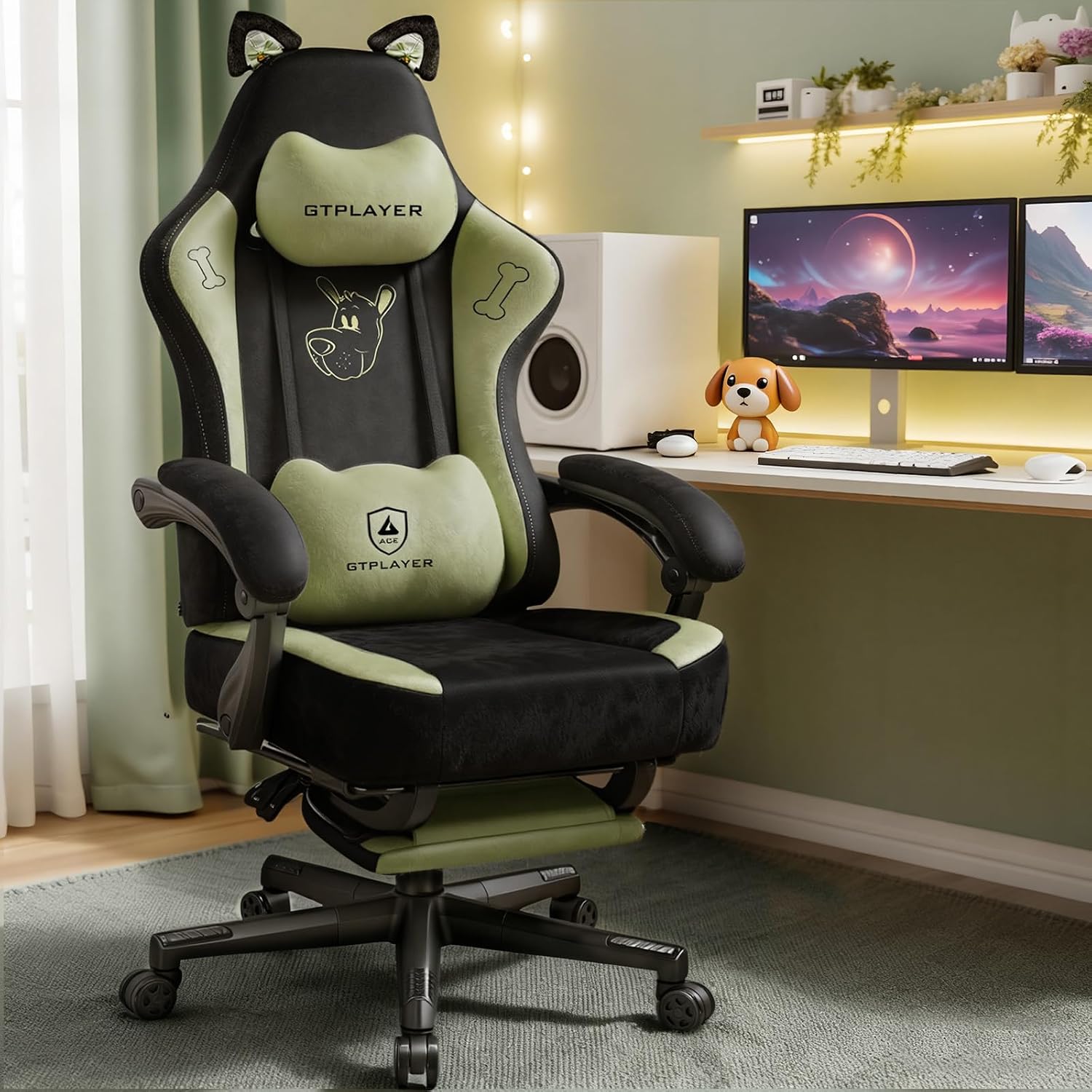 GTPLAYER Gaming Chair Cute with Cat Ears Ergonomic Computer Chair with Dog Embroidery Adjustable Memory Foam Lumbar Support and Headrest Comfortable Reclining Office Chair Soft Velvet Fabric for Women