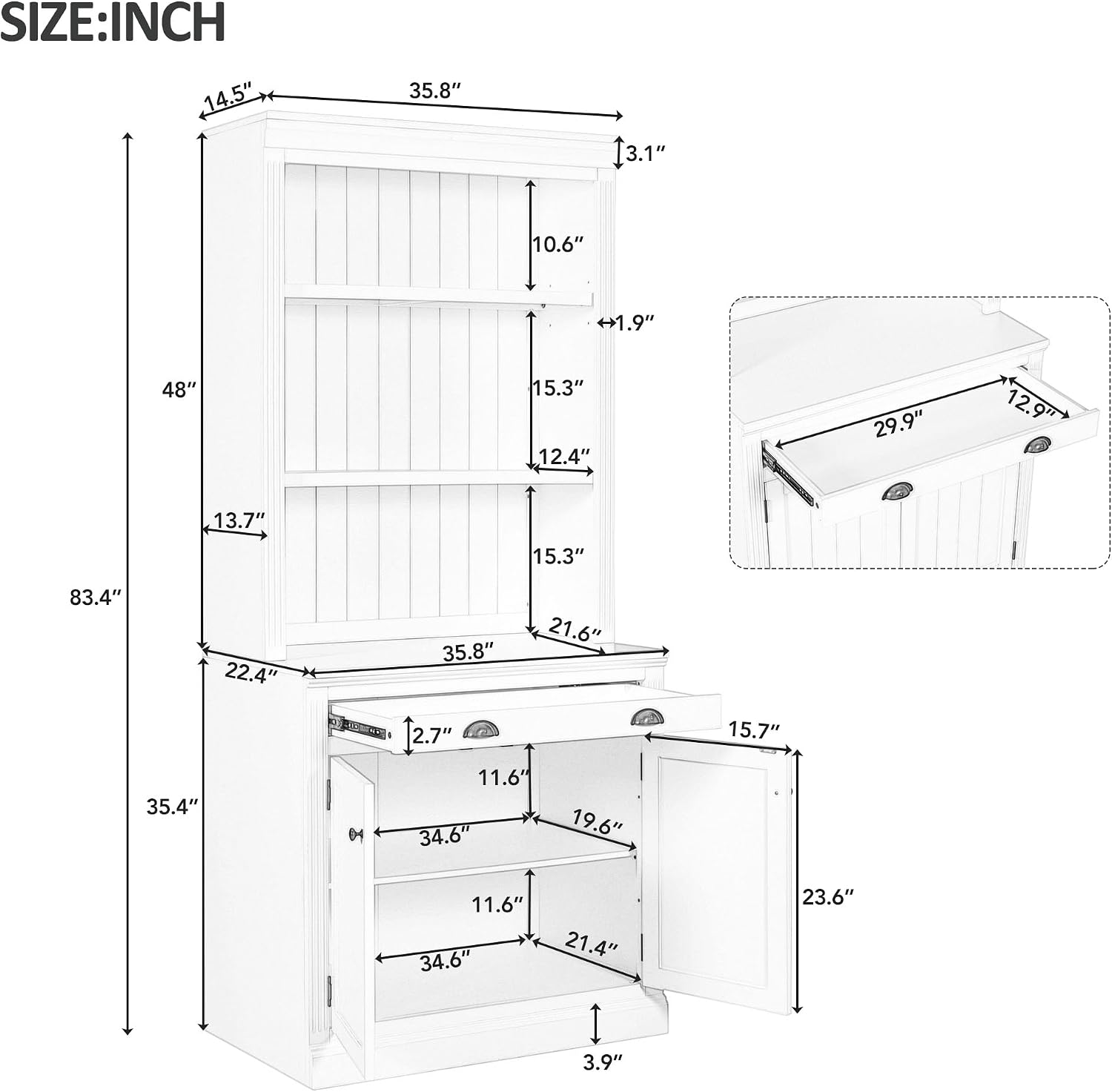 LUMISOL 83.4' Tall Bookshelf with Drawer and Cabinet, Freestanding Pantry Sideboard Cabinet with LED Lights, Solid Wood Tall Bookcase with Open Storage Shelves, White