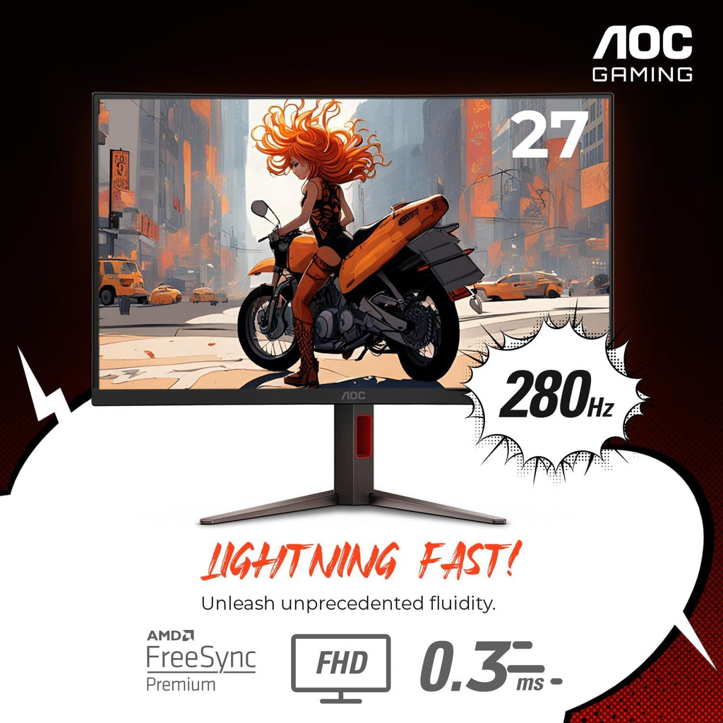 AOC 27' Curved Gaming Monitor, FHD 1080p, 280Hz (DP) 240Hz (HDMI), 0.3ms MPRT, VA Panel 1500R, AMD FreeSync Premium, HDR Ready, Height Adjustable, DisplayPort HDMI C27G4ZH
