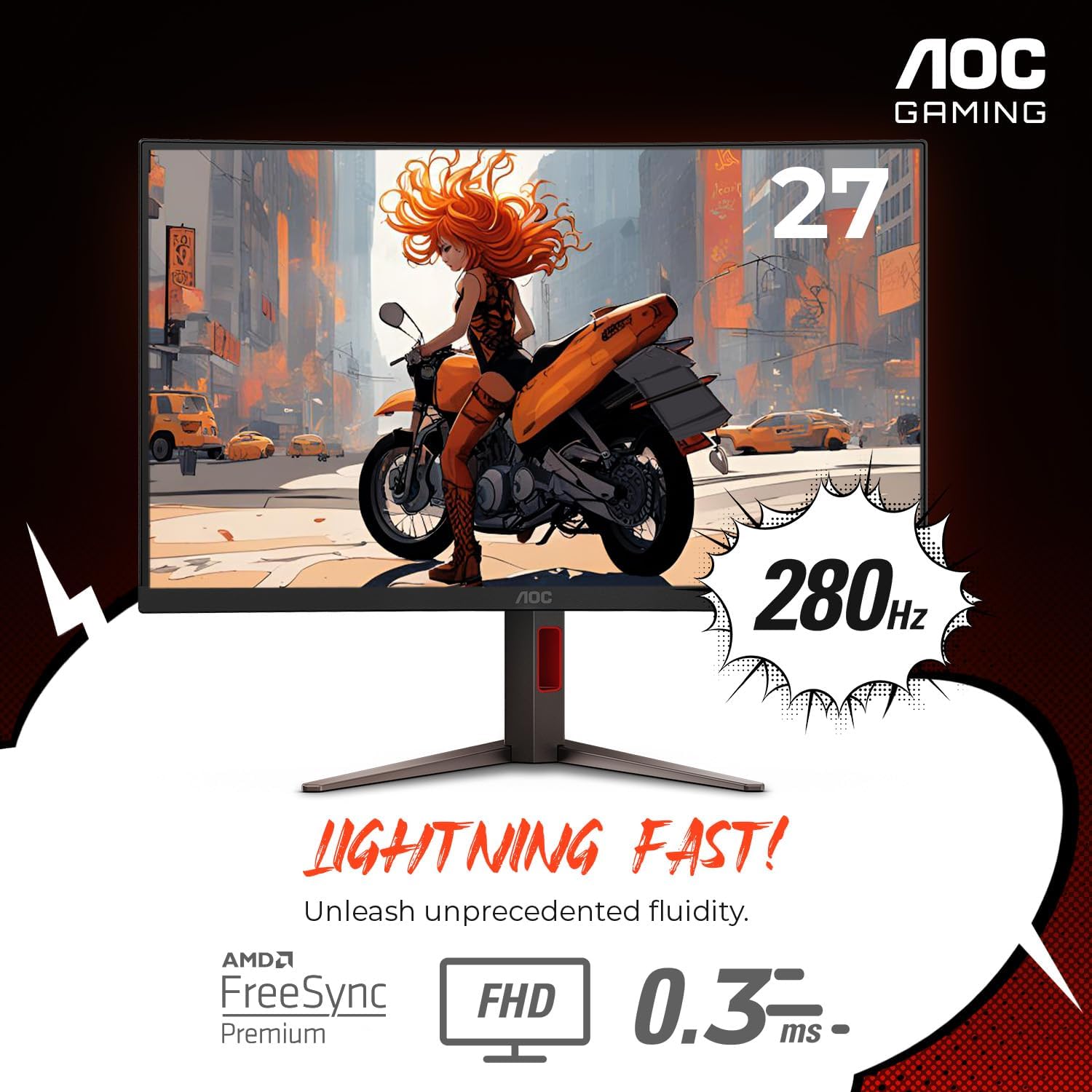 AOC 27' Curved Gaming Monitor, FHD 1080p, 280Hz (DP) 240Hz (HDMI), 0.3ms MPRT, VA Panel 1500R, AMD FreeSync Premium, HDR Ready, Height Adjustable, DisplayPort HDMI C27G4ZH