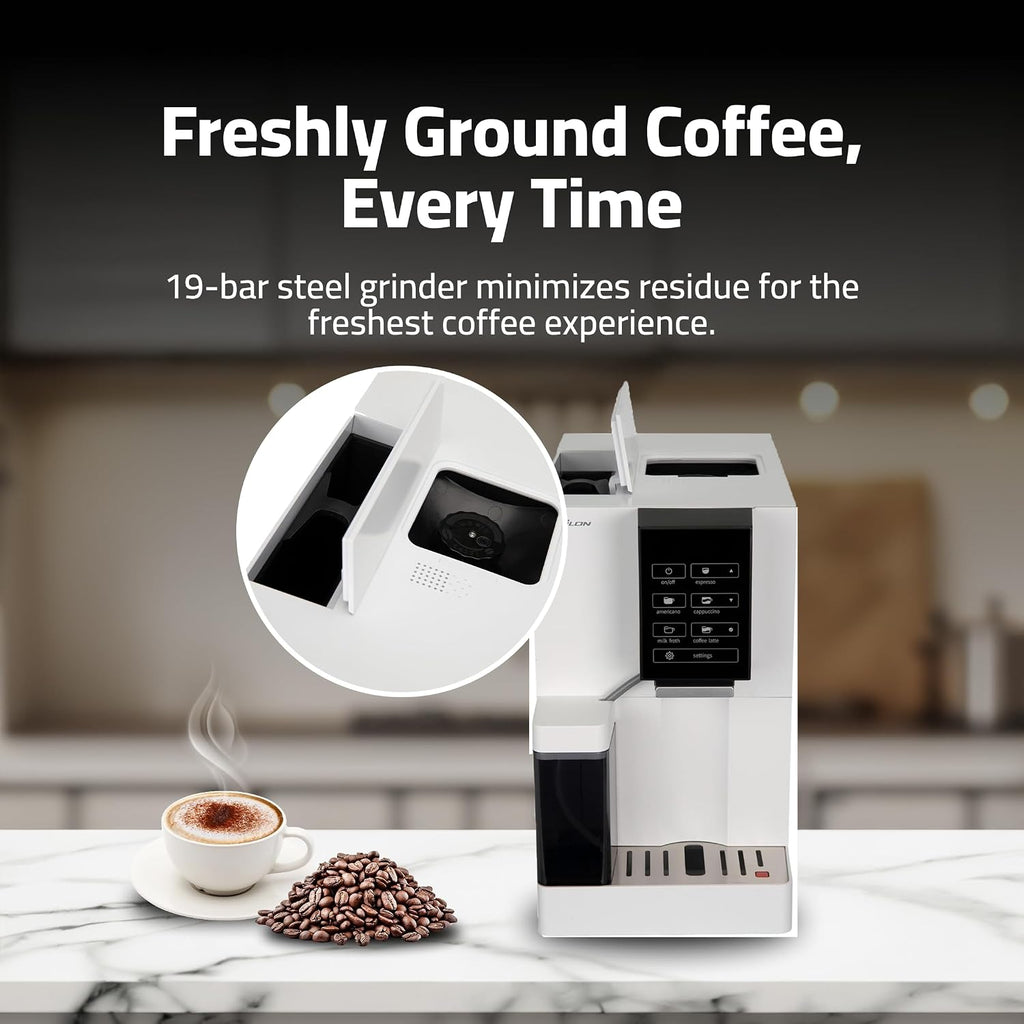 Epsilon Fully Automatic Coffee Machine, Modern One Touch Espresso Machine, Integrated Milk Frother and Custom Brewing Cafe Maker, Compact Countertop Size, Self Cleaning Cafetera (White)