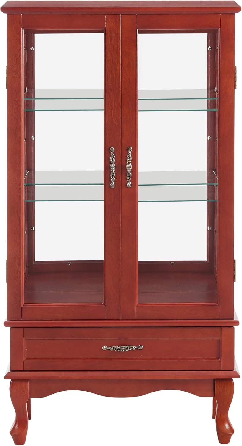 49' H Lighted Curio Display Cabinet with 2 Glass Doors & 1 Drawer, Wooden Curio Showcase w/Adjustable Shelves & Mirrored Back Panel, Wine Storage Cabinet Display Case for Living Room (Cherry)