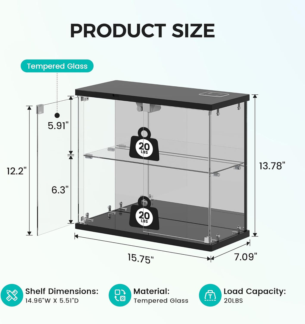Dystler 2pcs LED Clear Glass Display Case - for Figures & Collectibles, Small 2-Tier Display Cabinet with Charging Station, Display Box with Lights & Human Sensor, for Model Car, Perfume, Black