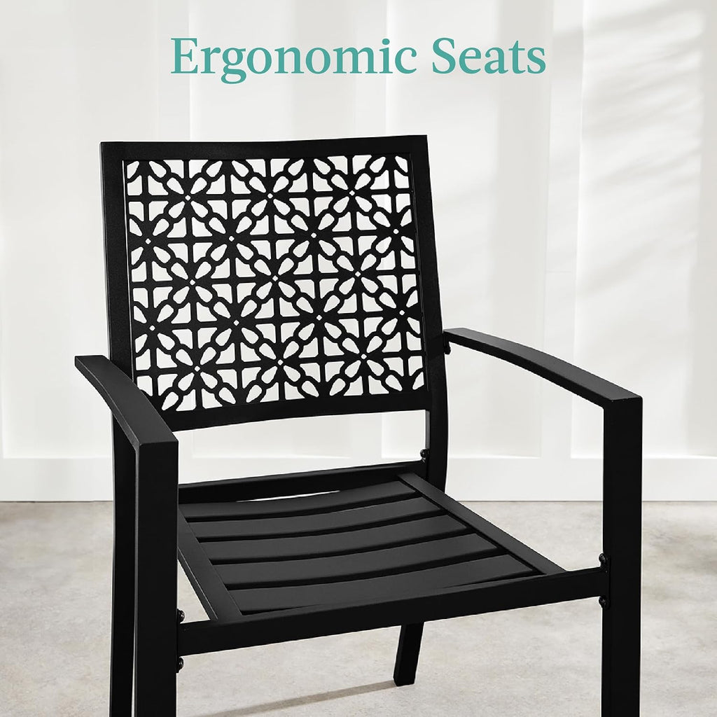 Best Choice Products 3-Piece Outdoor Bistro Set, Stackable Modern Steel Furniture for Porch, Garden w/ 2 Chairs, Table, Geometric Decor - Black