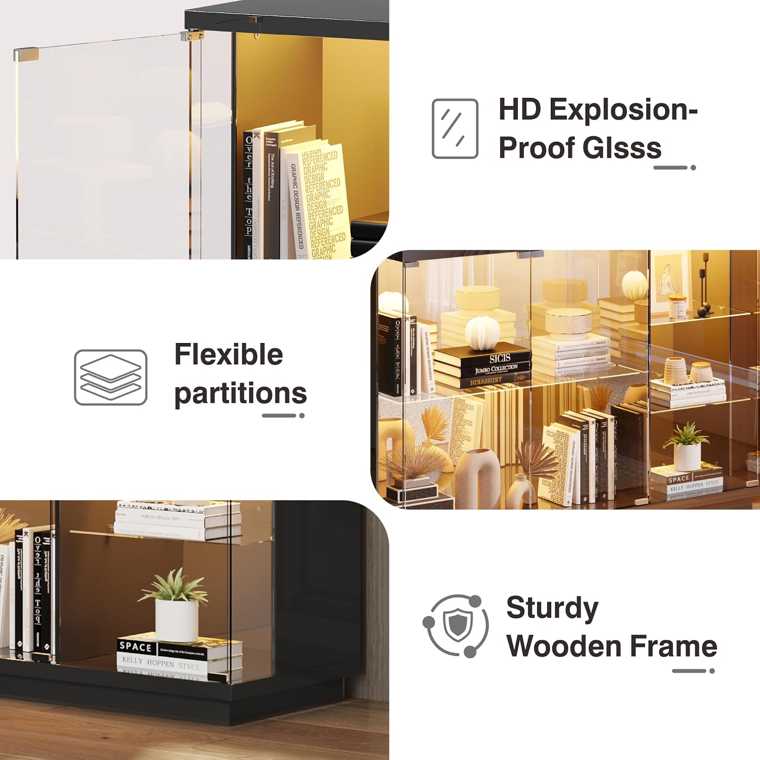 Lvifur High Gloss Display Cabinet - with Lock & LED Light, Curio Cabinet with Human Body Sensor & Glass Shelves for Toys, Books, Collectibles, Liquor, Bookcase for Living Room, Kitchen, Study, Black