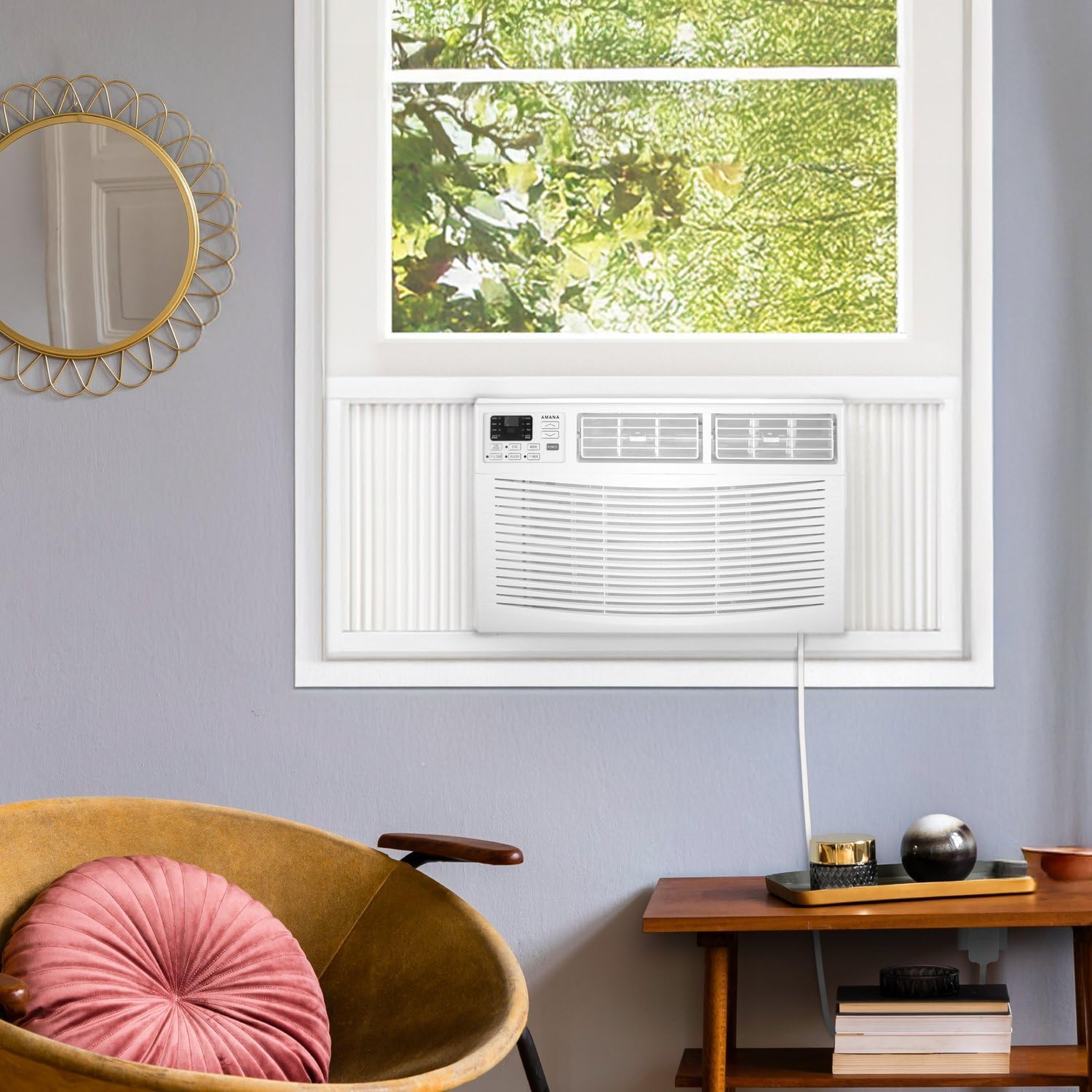 Amana 8,000 BTU Window Air Conditioner with Dehumidifier, 115V, Window AC for Rooms up to 350 Sq. Ft., Bedrooms, Bathrooms, and Nurseries with Remote Control, Digital Display, Timer, 3 Cooling Speeds