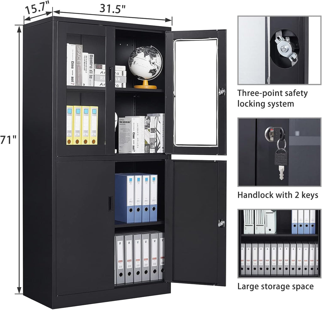 SISESOL Display Cabinet with Glass Doors and Lock,Black Metal Storage Cabinet,Freestanding Locking Kitchen Pantry Cabinets with Doors and Shelves for Home Office,Pantry,Kitchen Bathroom