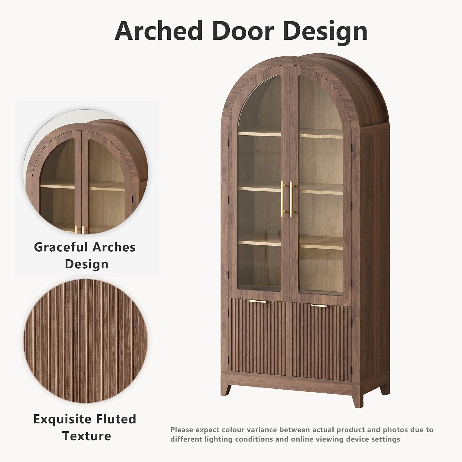 win2win Tall Arched Cabinet with Glass Doors, 69' Pantry Storage Cabinets with Fluted Doors & Adjustable Shelves, Mid Century Modern Wood Display Bookcase for Kitchen, Living Room, Bathroom, Walnut