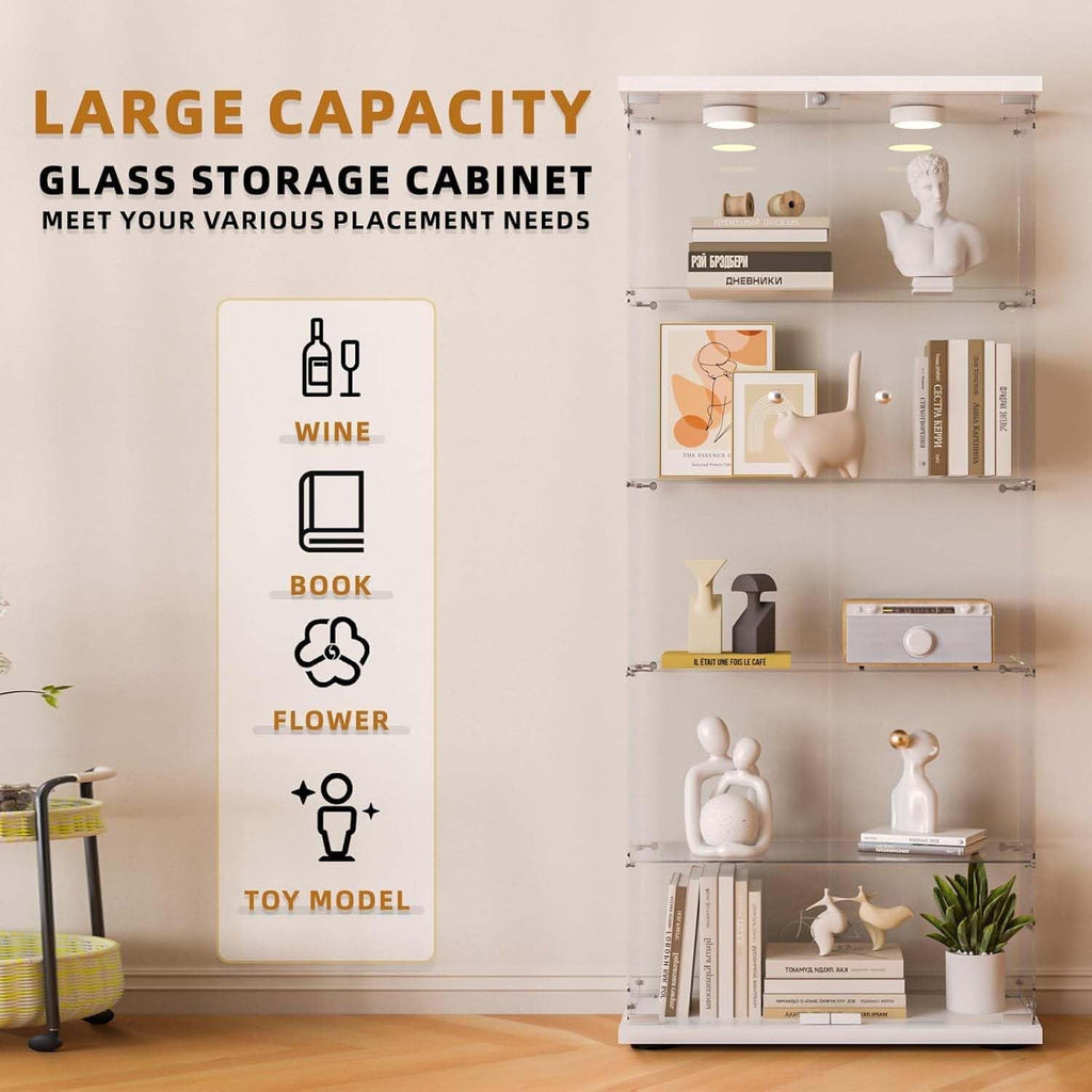 Glass Display Cabinet with LED Lights, 5-Shelf Locking Bookcase with Remote Control, Tempered Glass Curio Cabinet for Living Room, Bedroom, Office, White (5-Shelf)