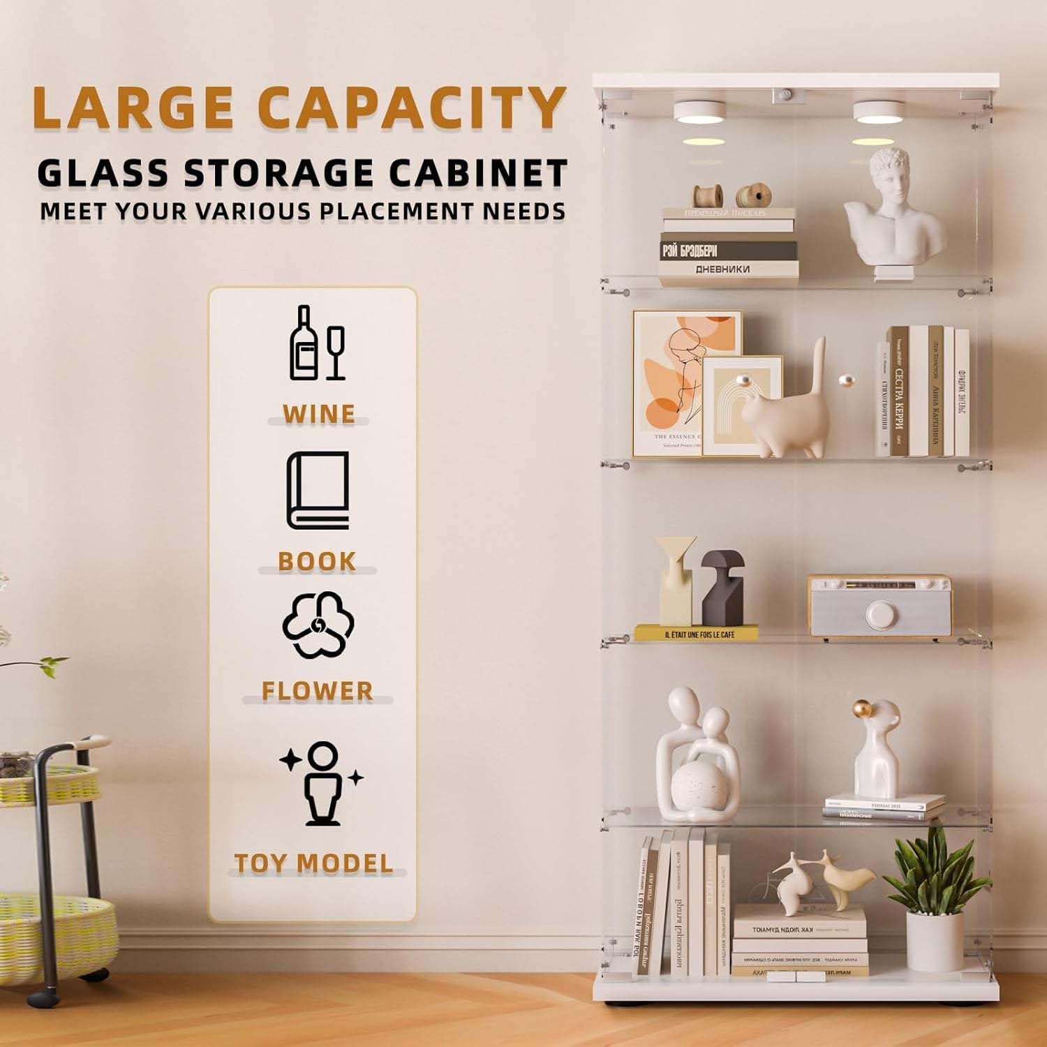 Glass Display Cabinet with LED Lights, 5-Shelf Locking Bookcase with Remote Control, Tempered Glass Curio Cabinet for Living Room, Bedroom, Office, White (5-Shelf)