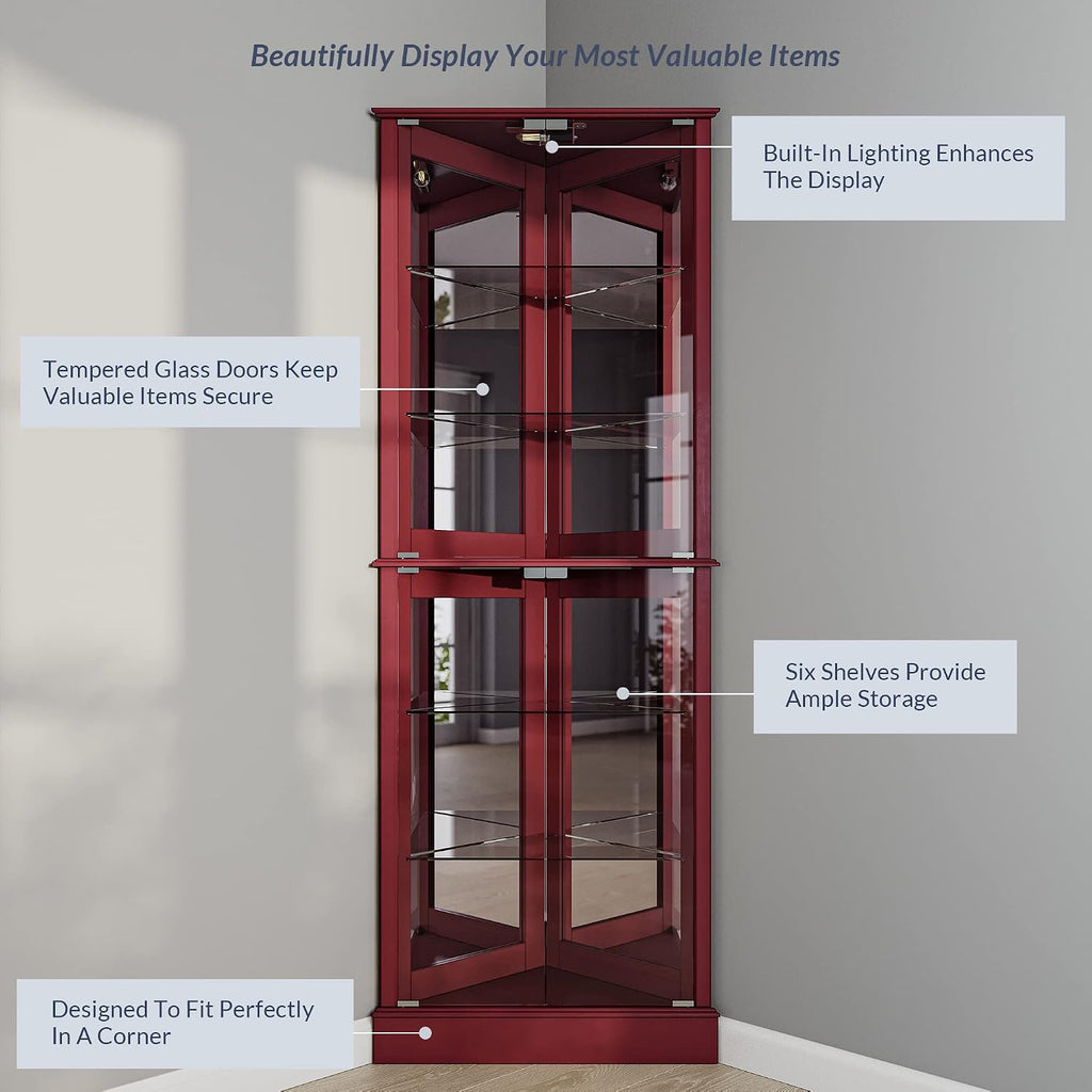 BELLEZE Lighted Corner Display Curio Cabinet Wooden Shelving Unit with Tempered Glass Door, Bar and Liquor Storage Area with 6 Shelves - Woody (Cherry)