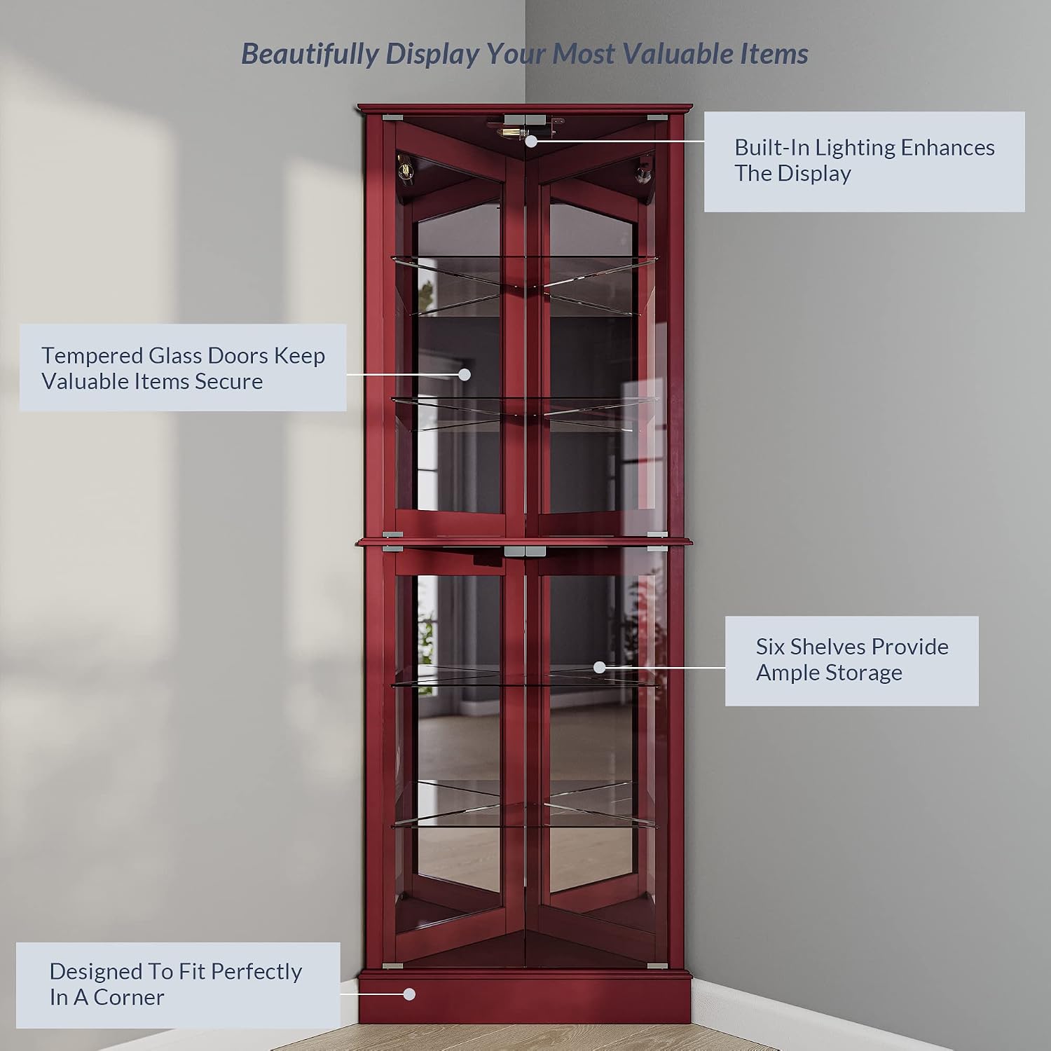 BELLEZE Lighted Corner Display Curio Cabinet Wooden Shelving Unit with Tempered Glass Door, Bar and Liquor Storage Area with 6 Shelves - Woody (Cherry)