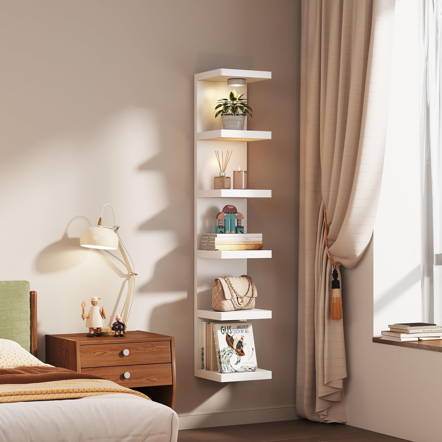 2 Pack 6-Tier Vertical Wall Shelf Unit with USB Rechargeable Led Light (Remote Controlled),Versatile Floating Display Shelves,Lack Style Wall Shelves for Bedroom,Living Room,Office Decor,Vanity-White