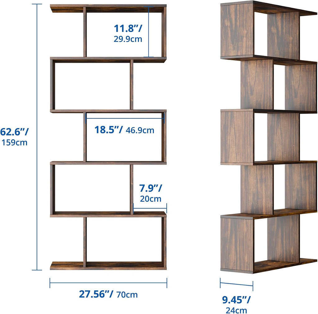 Cozy Castle Set of 2 Geometric Bookcase, S-Shaped Modern Bookshelf, Room Divider Bookshelf, 62' Tall Unique Abstract Bookcase with 5-Tier Display Shelf for Living Room Office, Rustic Brown