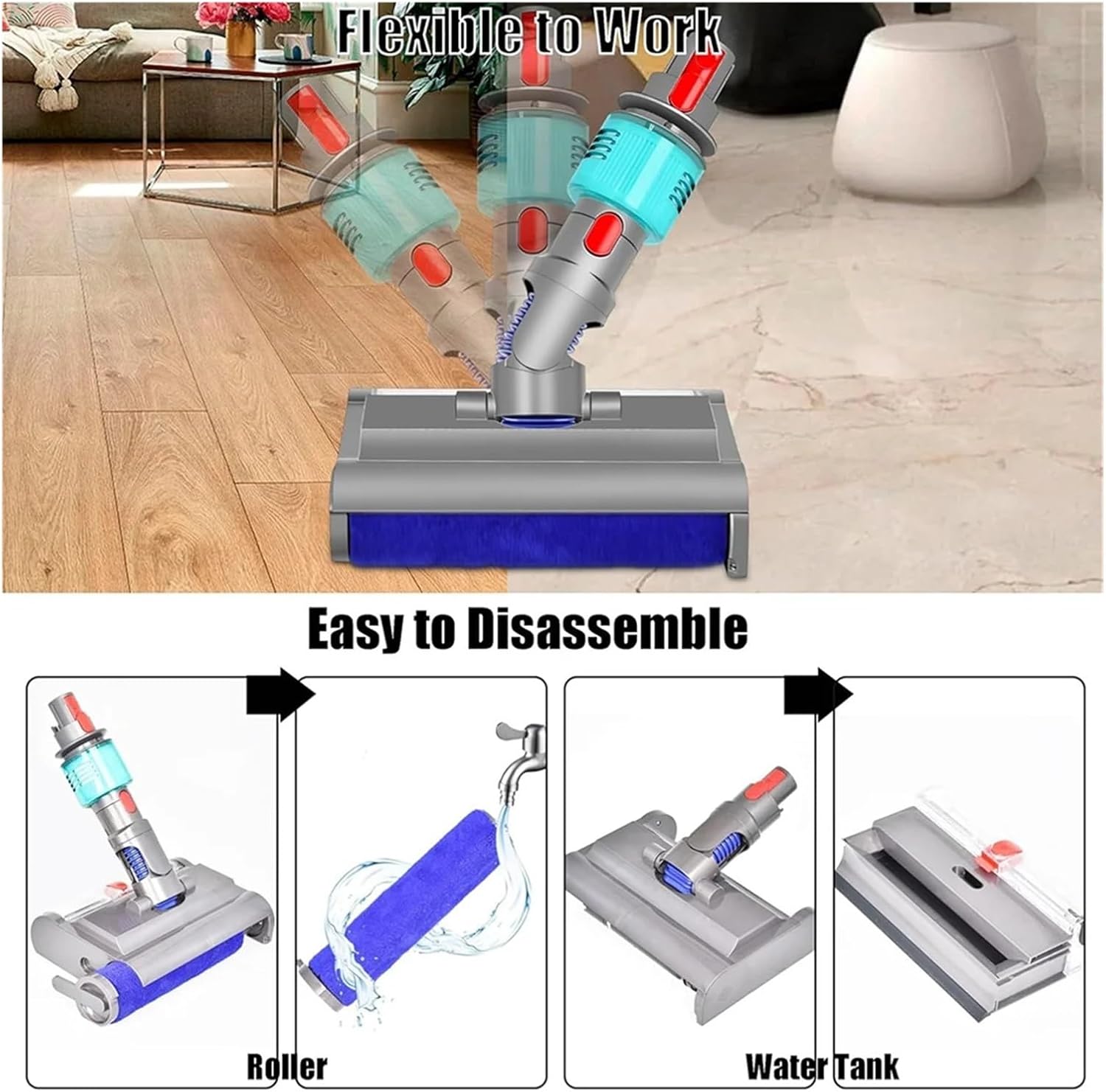 Electric Mop Head Wet and Dry with Washing Brush ，Compatible for Dyson， V7 V8 V10 V11 V15 Green Light Cleans and Dries Hard Floors,Main Brush