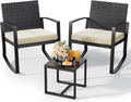Qsun 3 Pieces Porch Furniture Set Patio Rocking Bistro Set Outdoor Patio Chairs Rattan Conversation Sets with Coffee Table for Front Porch Garden Balcony Backyard Poolside (Beige Cushion)